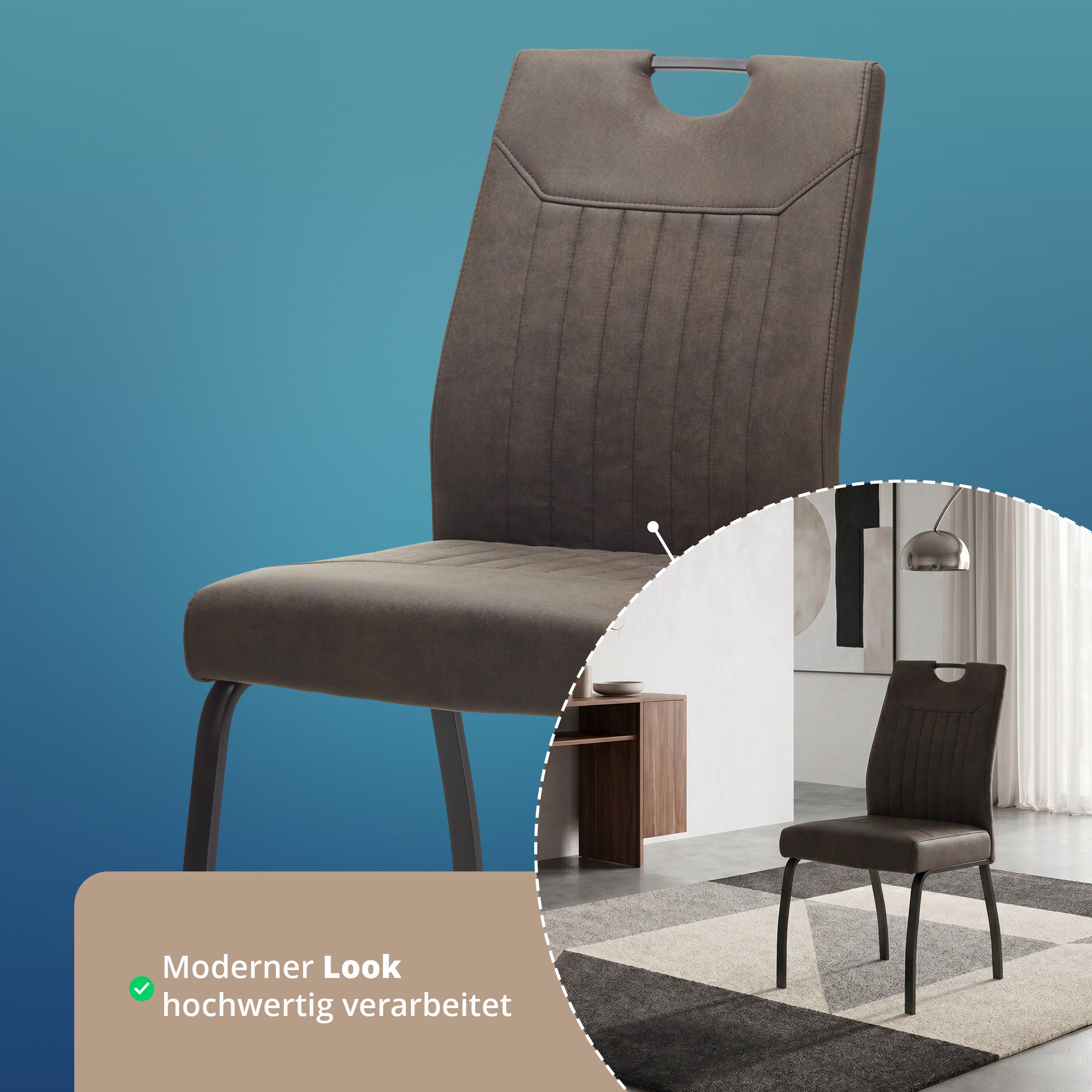 KHG Esszimmerstuhl Küchenstuhl Mikrofaser Braun-Schwarz, mit Taschenfederkern (Indoor-Stuhl DIN EN 12520 geprüft), 4-Fuß-Metallgestell Schwarz, bis 140 kg belas – Bild 4 von 5