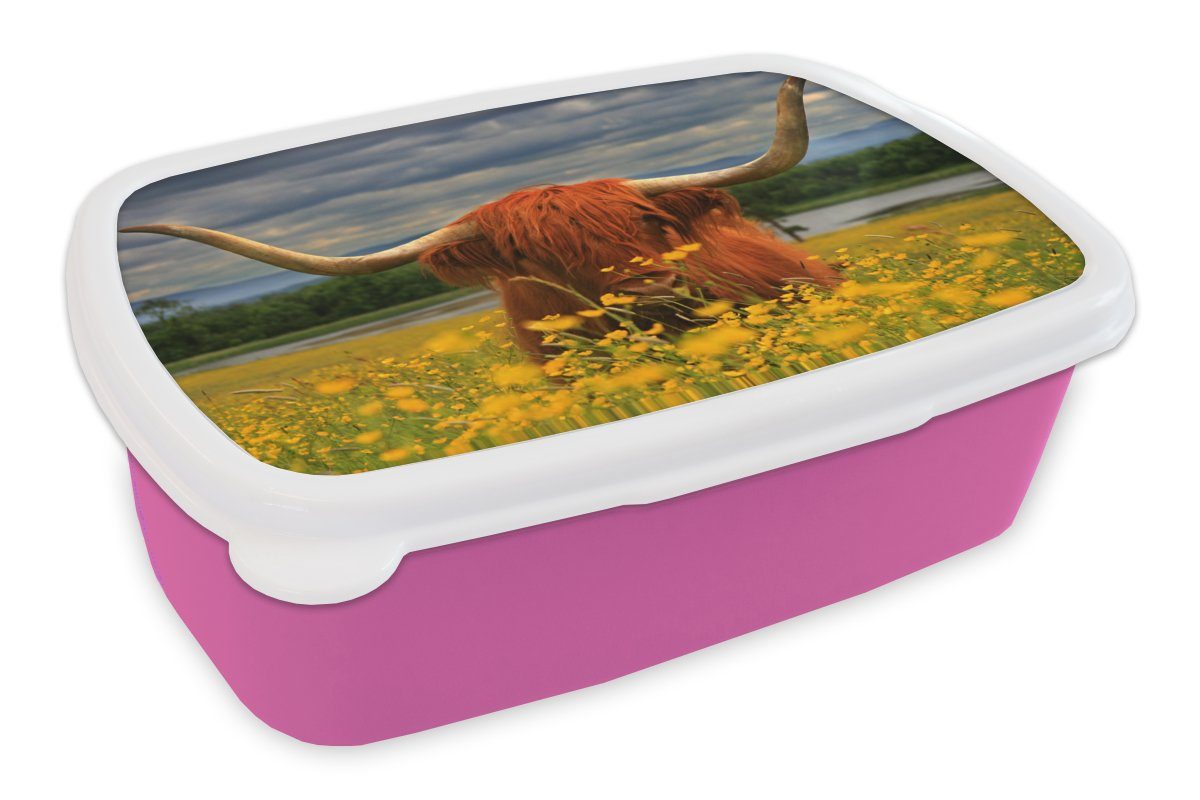 MuchoWow Lunchbox Schottischer Highlander - Tiere - Blumen, Kunststoff, (2-tlg), Brotbox für Erwachsene, Brotdose Kinder, Snackbox, Mädchen, Kunststoff rosa