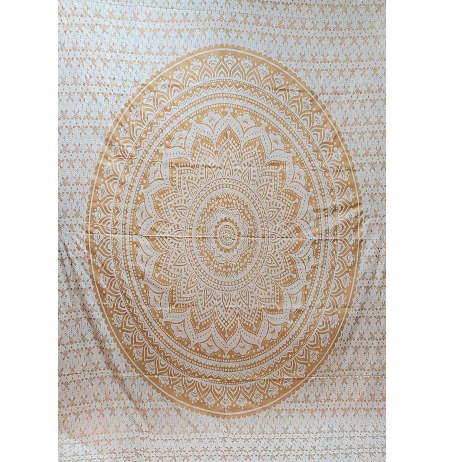 KUNST UND MAGIE Wandteppich Tagesdecke Wandbehang Dekotuch Golden White Lotus Mandala ca.200x135cm