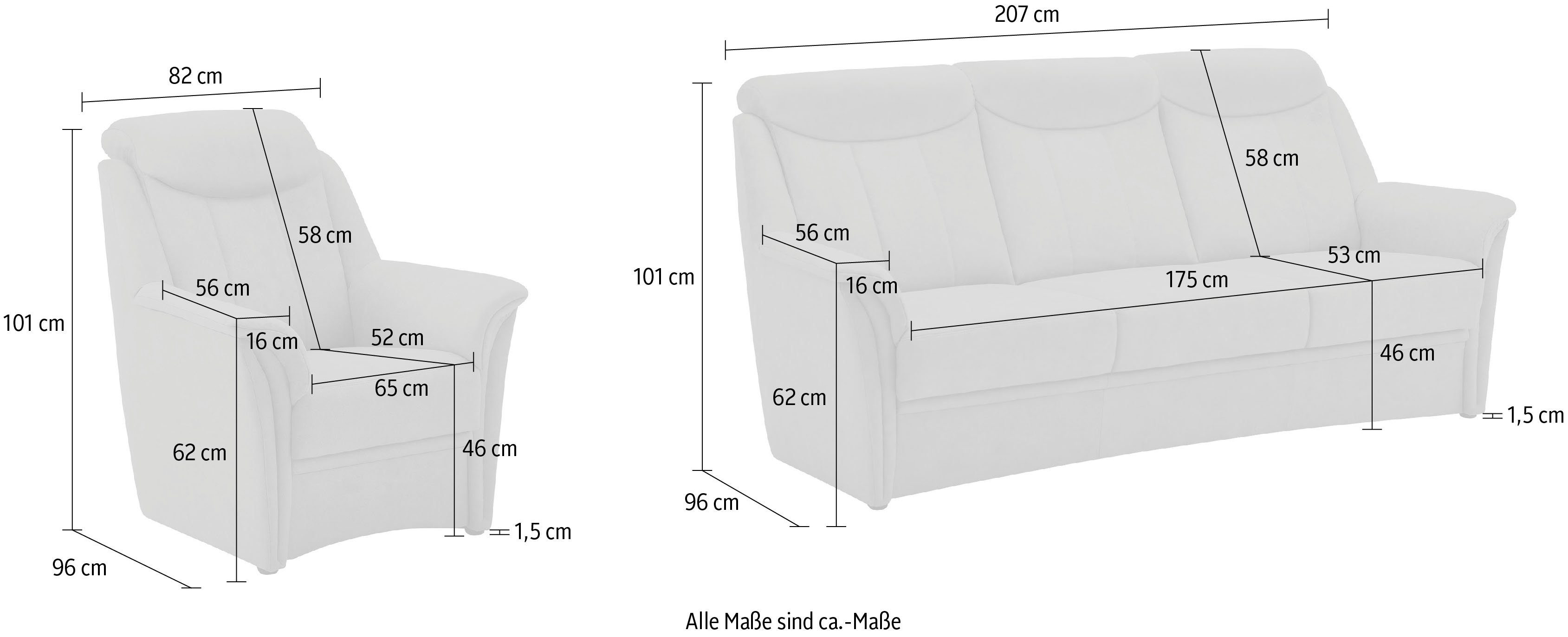 3-tlg), 46 BECK 3-Sitzer Polstergarnitur und VILLA Lugano, Kopfteilverstellung, cm, Sessel 2x (Set, Sitzhöhe in
