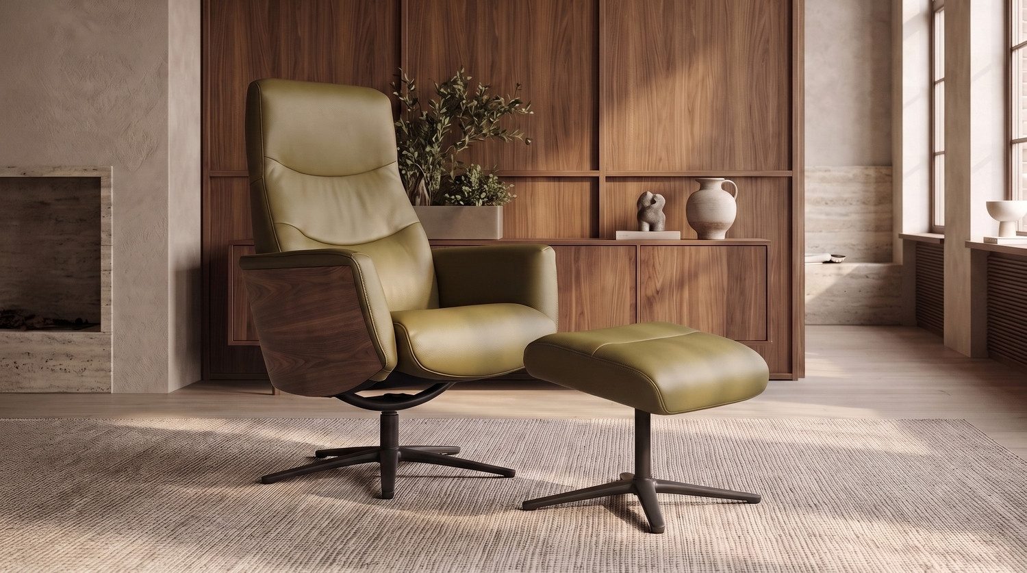 KAWOLA Relaxsessel VANITAS Leder olivgrün Nussbaumfinish Komfort Drehsessel, 360° drehbar, Relaxfunktion, Kopfstütze, inklusive Fußhocker