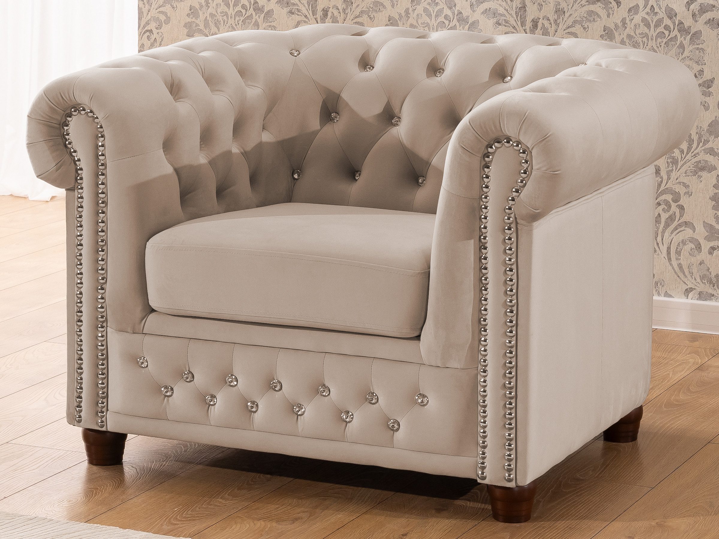 S-Style Möbel Polstergarnitur Chesterfield 3+2+1 Cleo Blink aus Samt mit Kristallsteppung, (1x 3-Sitzer-Sofa, 1x 2-Sitzer-Sofa, 1x Sessel), mit Wellenfederung – Bild 5 von 5
