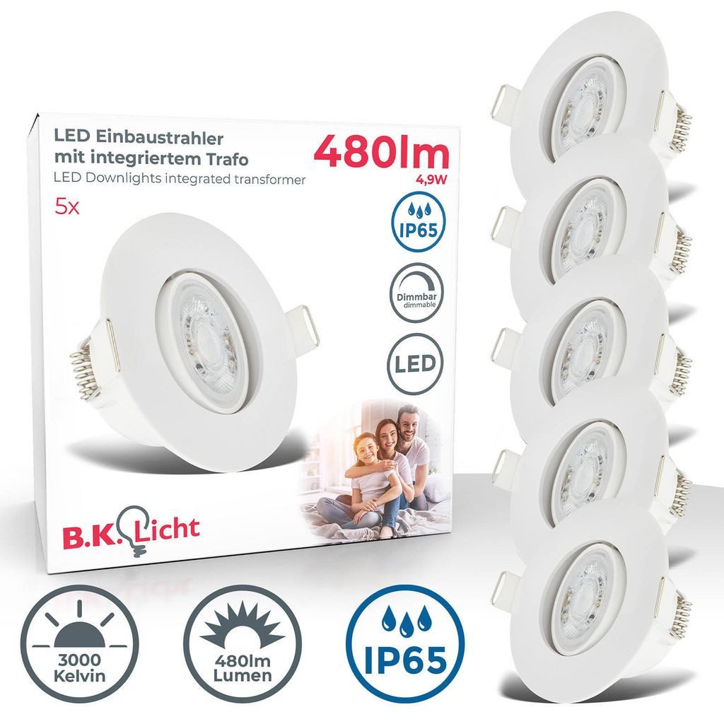 B.K.Licht LED Einbaustrahler 5er Set LED Bad-Einbauleuchten 230V flach dimmbar - BKL1573, Dimmfunktion, LED fest integriert, 2700K - Extra-Warmweiß, Deckenspots flach weiß matt Wohnzimmer Büro Flur