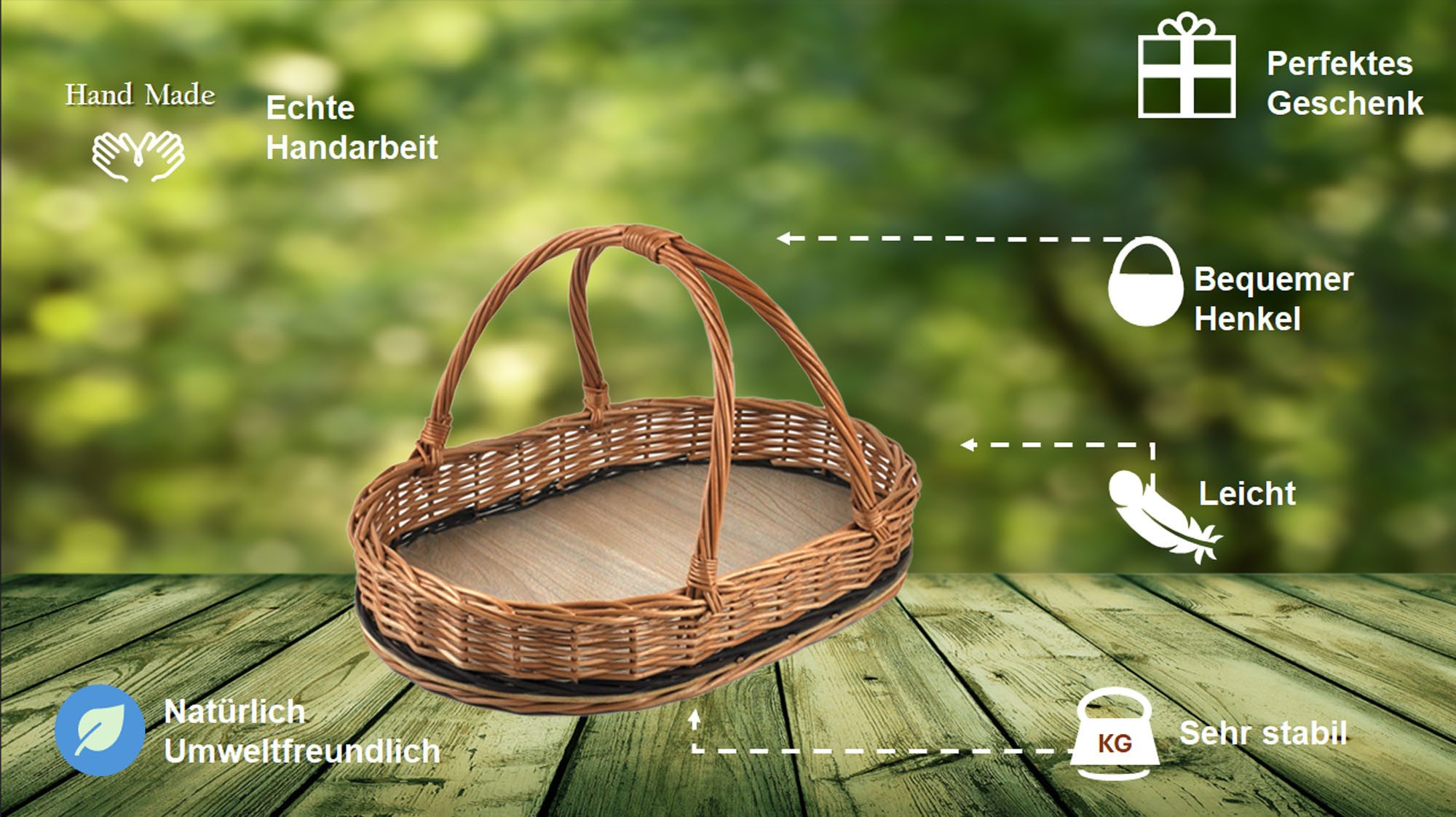 MyBer® Tablett Korb aus Weide Weidentablett Weidenkorb Tragekorb 44/28/25cm braun, Weide, (1-tlg., Für Obst, Gemüse, Brot, Geschirr und Vieles mehr), Sehr stabil und praktisch. Hergestellt in EU. Echte Handarbeit!