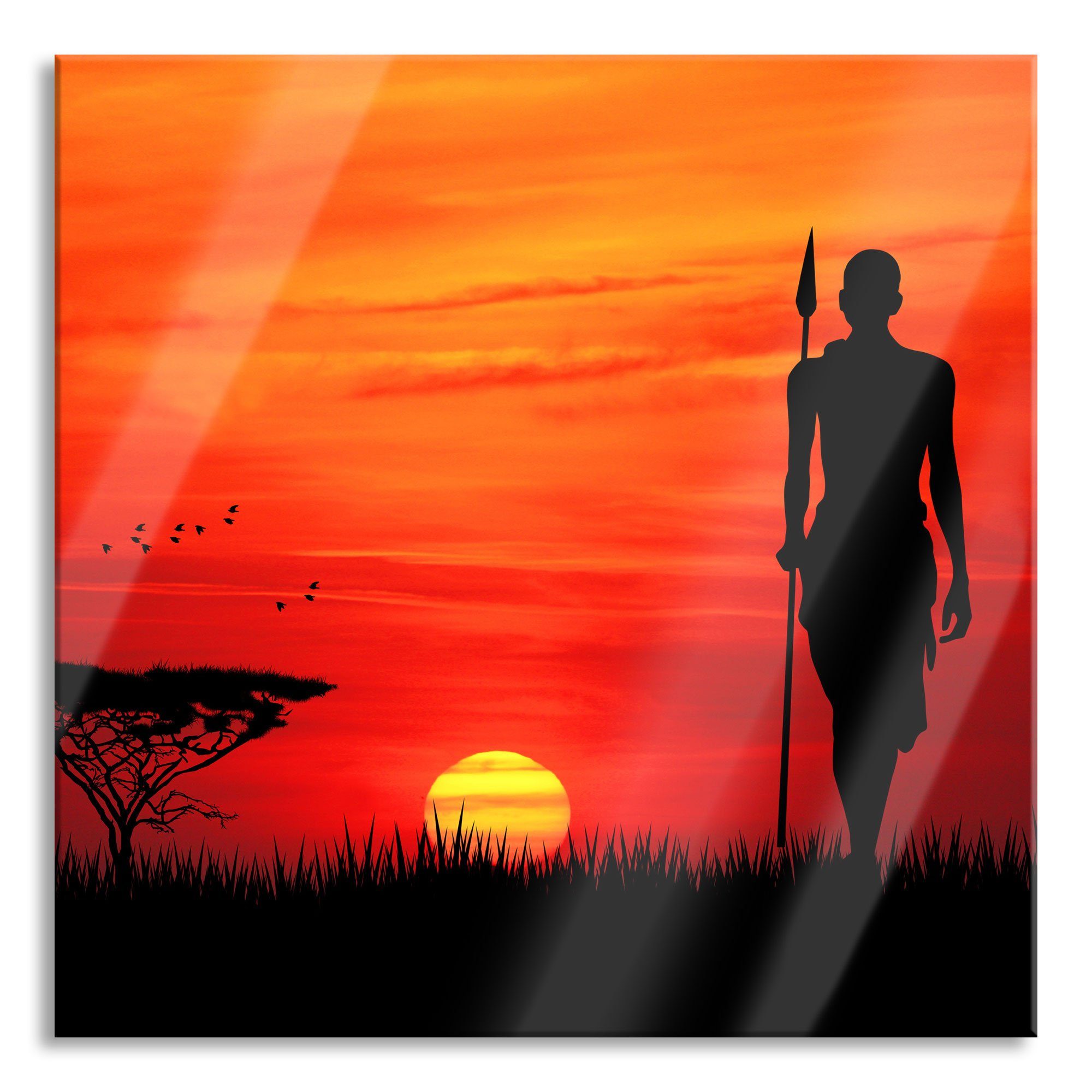 Pixxprint Glasbild Roter Sonnenuntergang in Afrika, Roter Sonnenuntergang in Afrika (1 St), Glasbild aus Echtglas, inkl. Aufhängungen und Abstandshalter