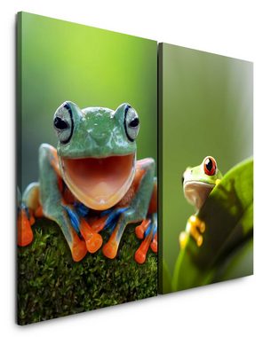 Sinus Art Leinwandbild 2 Bilder je 60x90cm fröhlicher Frosch Natur Grün Lächeln positive Energie grünes Blatt Dschungel