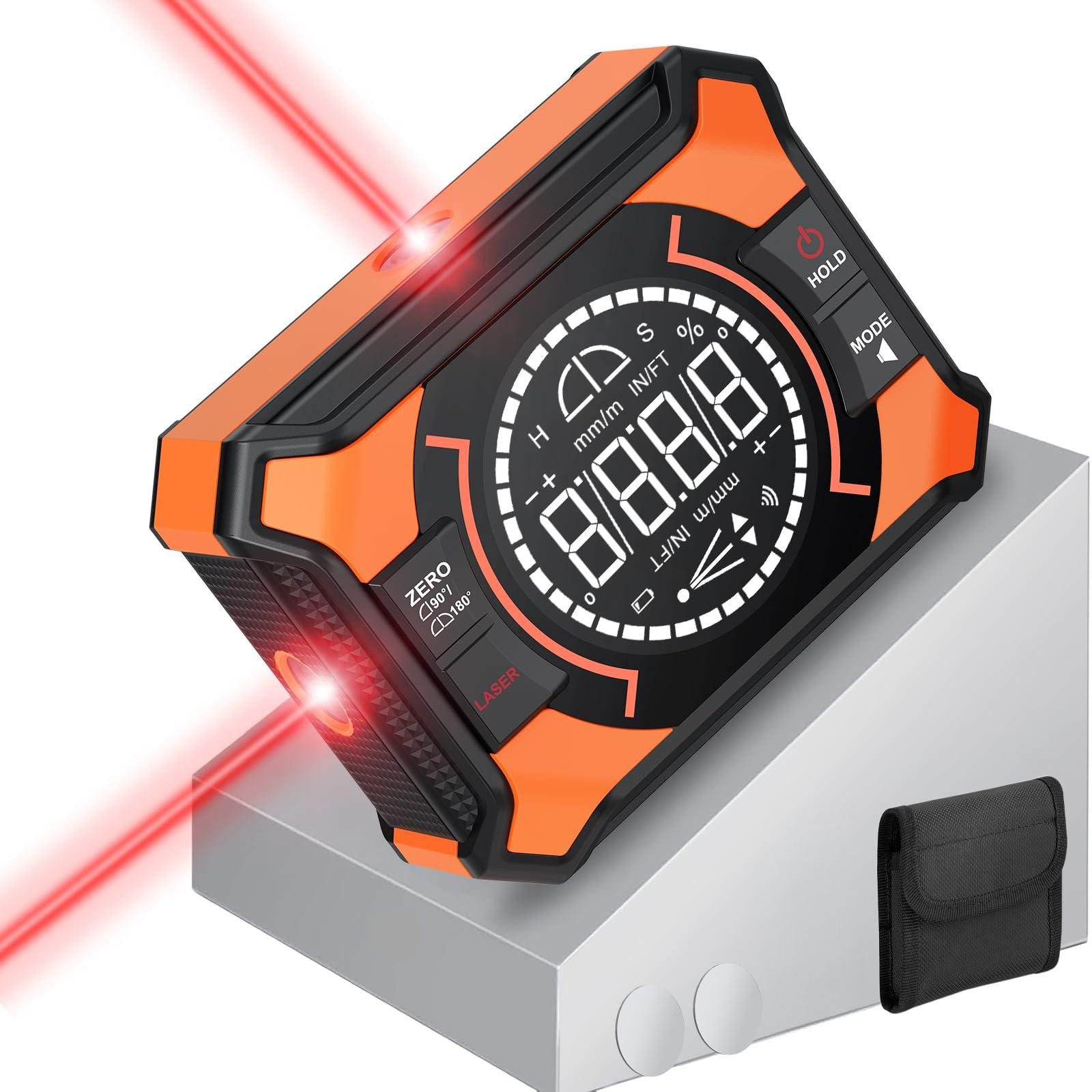 AIBISTAR Winkelmesser Digitaler Laser-Distanzmessgerät, 0-90°/0-180°, Magnet, IP54, LED, L:8.5 cm, 3 Linienmodi,36 LED-Leuchten,starke Magnete