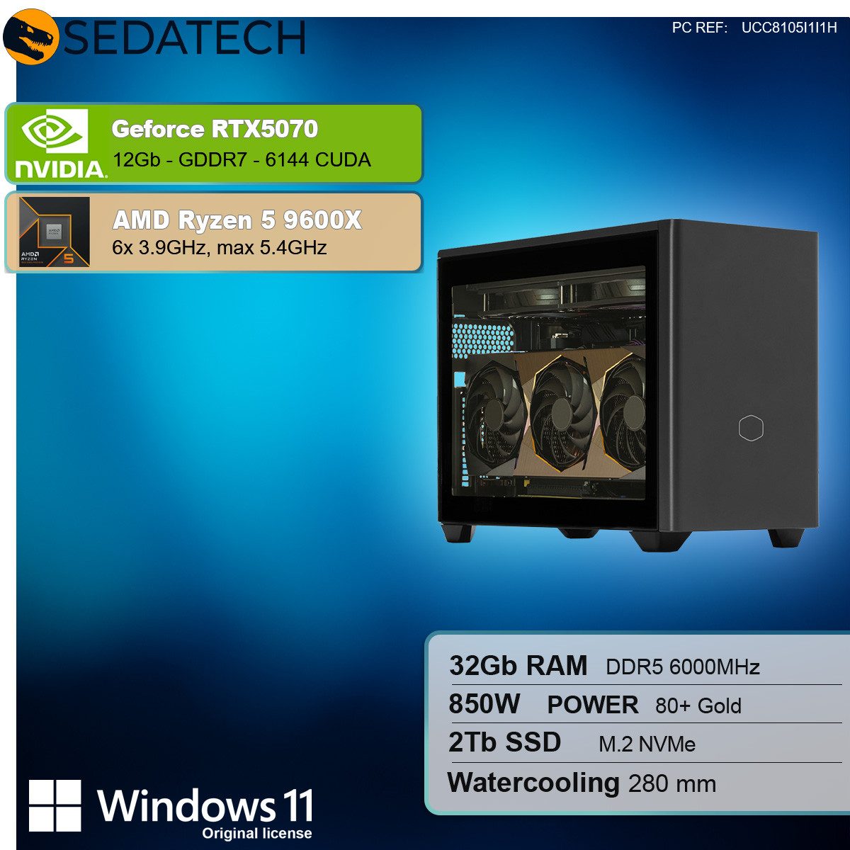 Sedatech UCC8105I1I1HF - Watercooling Workstation Business-PC (AMD Ryzen 5 9600X 6x 3.9GHz (max 5.4GHz), Geforce RTX5070 12GB, 32 GB RAM, 2000 GB SSD, Watercooling, Wlan 6E)