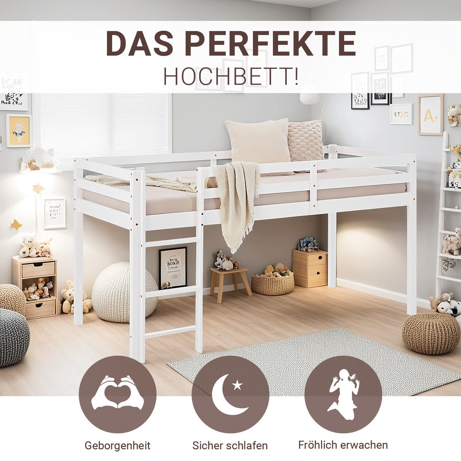 Homestyle4u Hochbett 90x200 Kinderbett Rausfallschutz Grau/Weiß Kinder Leiter Treppe Kiefer, Jungen Mädchen