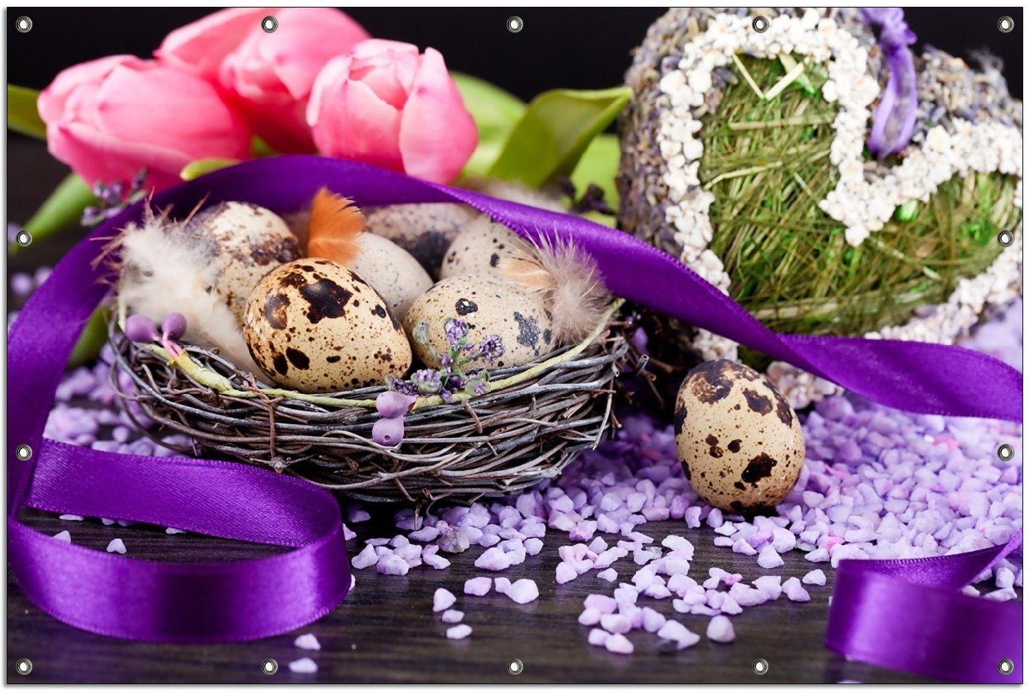 Thumbnail - Wallario Sichtschutzzaunmatten Ostern - Stillleben II - Bunte Eier, Herzen und Tulpen, rund