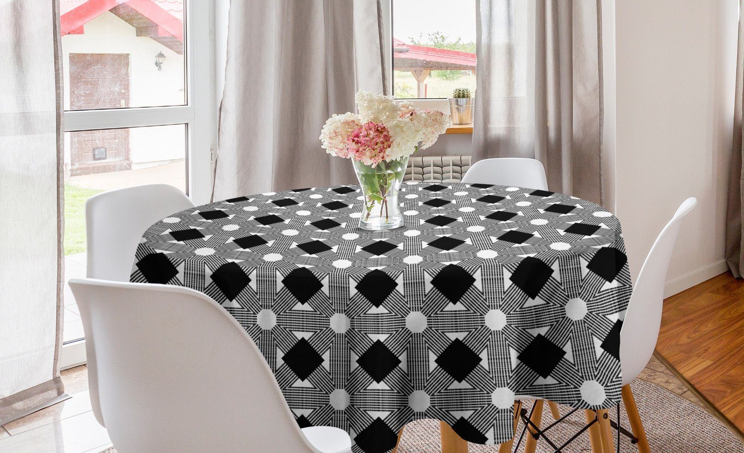 Abakuhaus Tischdecke Kreis Tischdecke Abdeckung für Esszimmer Küche Dekoration, Schwarz und Weiß Art-Déco-Mosaik