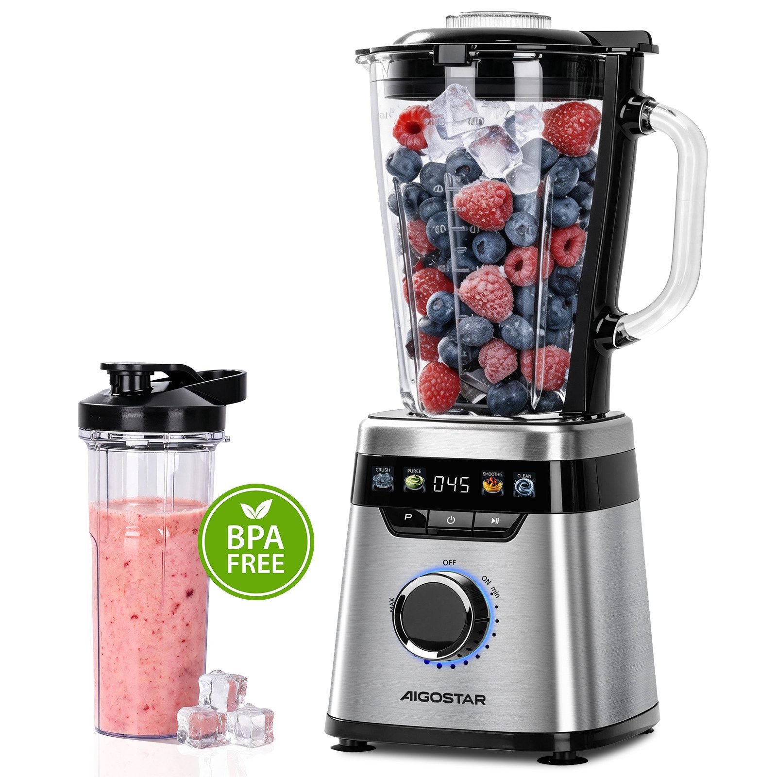 Aigostar Smoothie-Maker Standmixer Glaskrug 1,75L & To-Go-Becher 600ml 21.000 U/min Motor, 1000 W, Edelstahlmessern für Smoothies & Saucen, Touch-Display Selbstreinigung