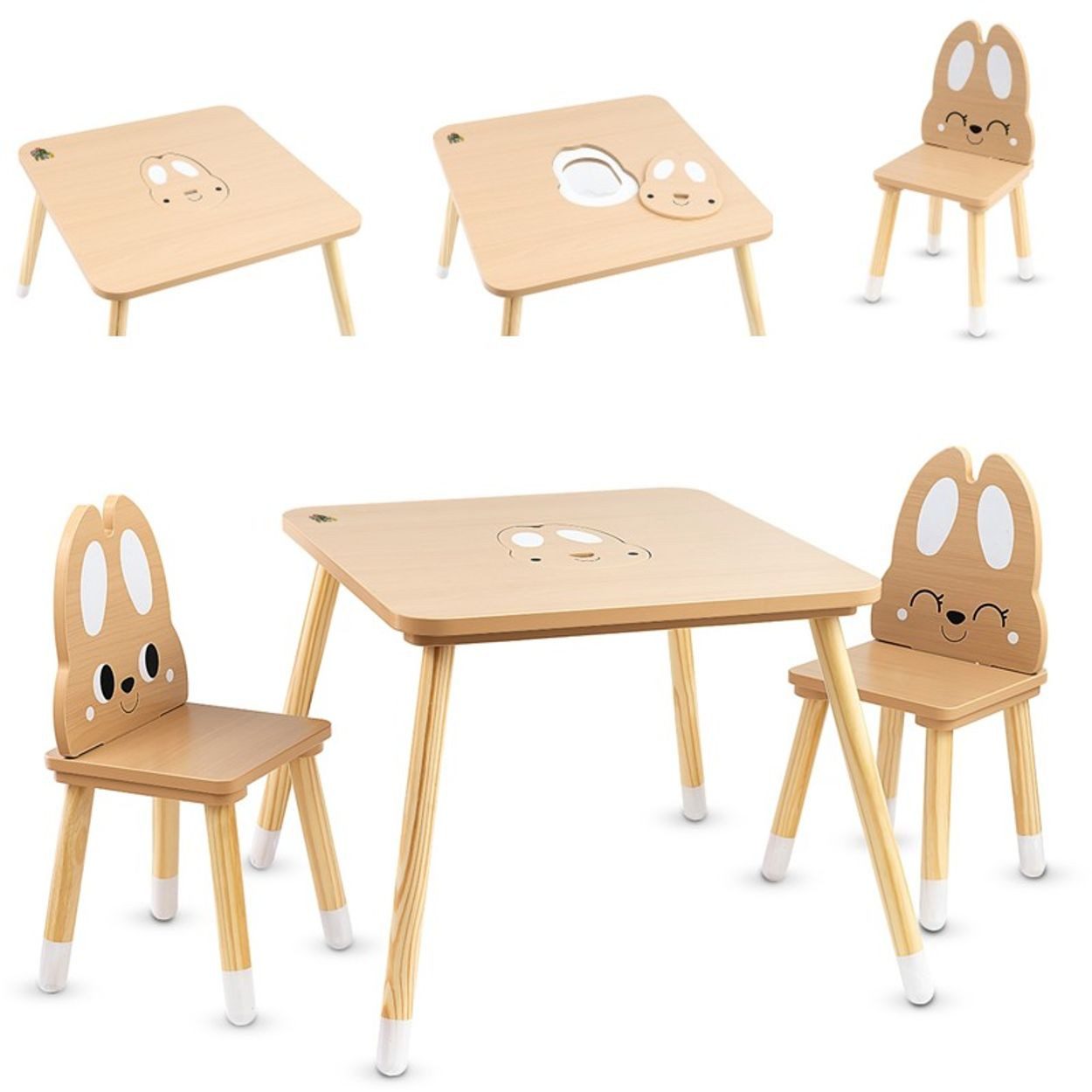 Moni Kindertisch Hase, 60 x 60 cm, Tischset, 2 Stühle, Holz, Stauraum, Hasen-Design