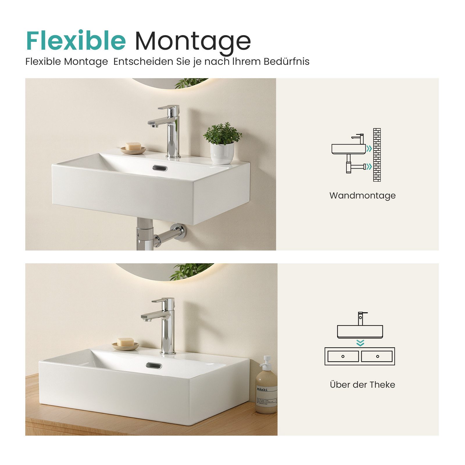 EMKE Aufsatzwaschbecken Keramik Waschtisch Eckiger Hängewaschbecken für Badezimmer/Gäste-WC (Packung, Mit Hahnloch), Spritzwassergeschützt,pflegeleicht, mit Nano Beschichtung( 60cm)