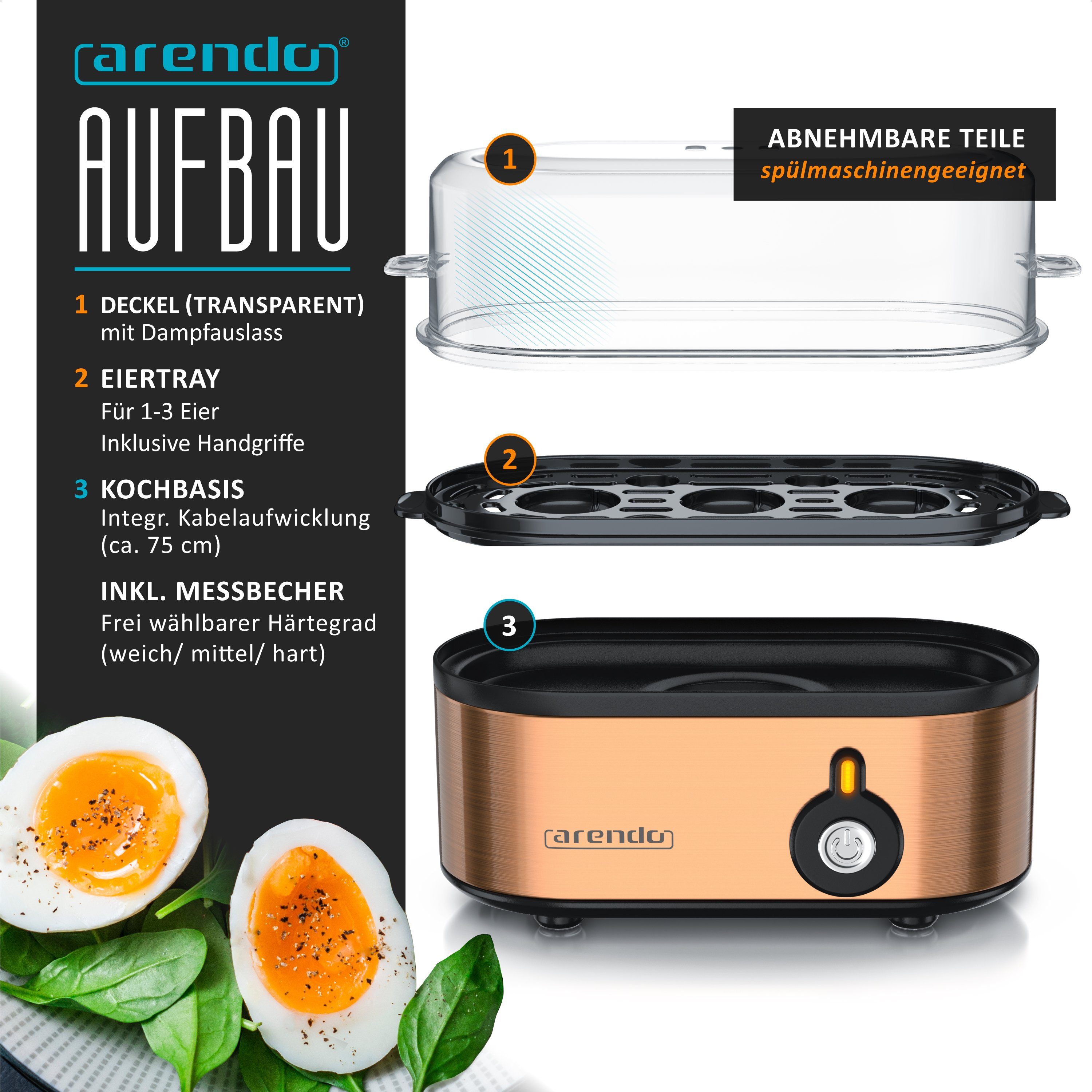 Arendo Eierkocher 3-fach, Edelstahl, Ein / Aus-Schalter, frei wählbarer Härtegrad, Anzahl Eier: 3 St., 210 W, Threecook Egg Cooker, GS, BPA-frei, für 1 bis 3 Eier