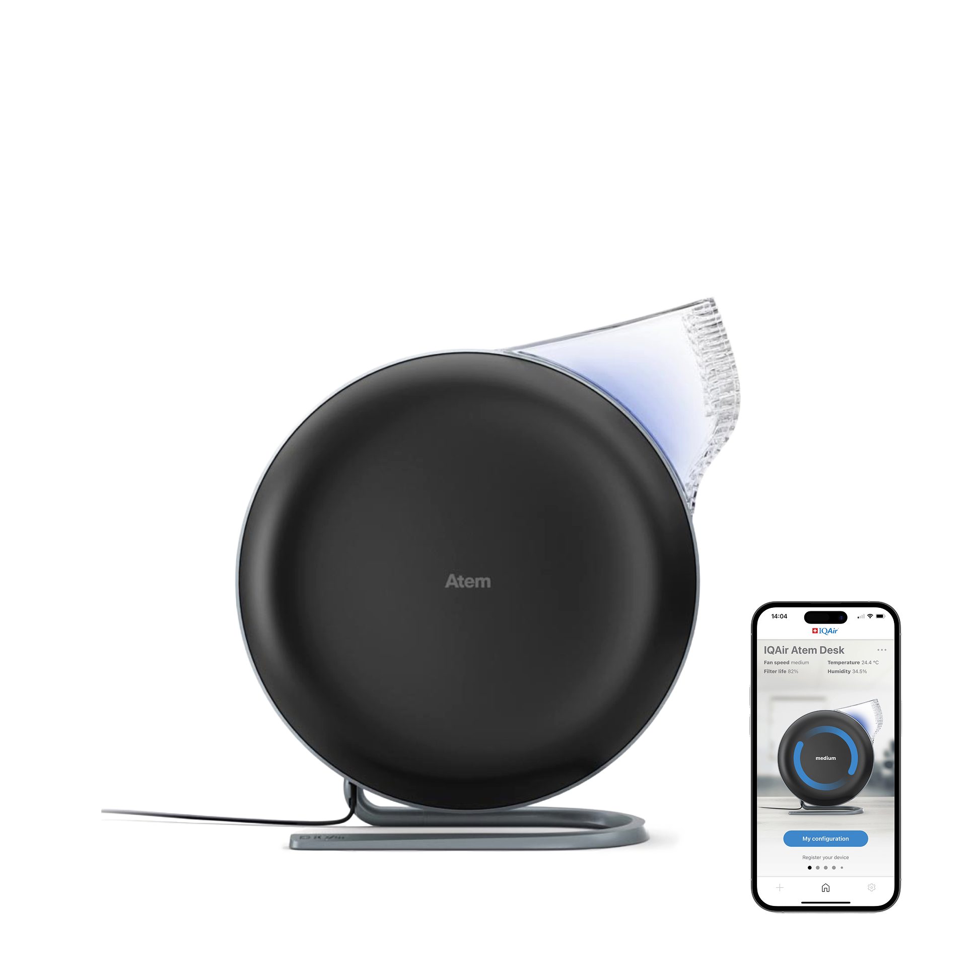 IQAir Luftreiniger Atem Desk [Black], für 14 m² Räume, PM2.5 HyperHEPA Feinstaub Filter, kleine Räume bis 14 m²