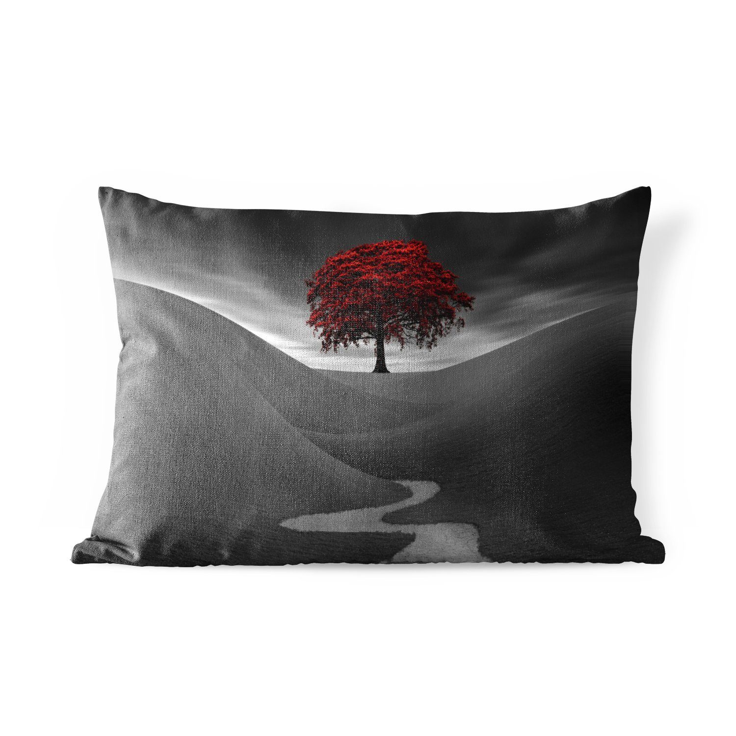 MuchoWow Dekokissen Schwarz-Weiß-Foto mit einem roten Baum, Outdoor-Dekorationskissen, Polyester, Dekokissenbezug, Kissenhülle