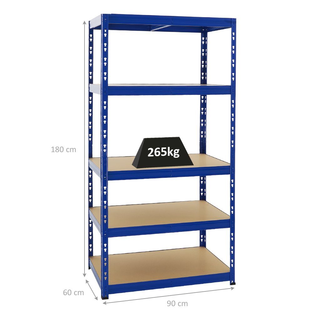PROREGAL® Schwerlastregal Robustes Lagerregal TIGER 180x90x60cm Fachlast 265kg 5 Ebenen Blau, Stabiles Garagenregal Kellerregal Lastenregal Lagerregal Steckregal