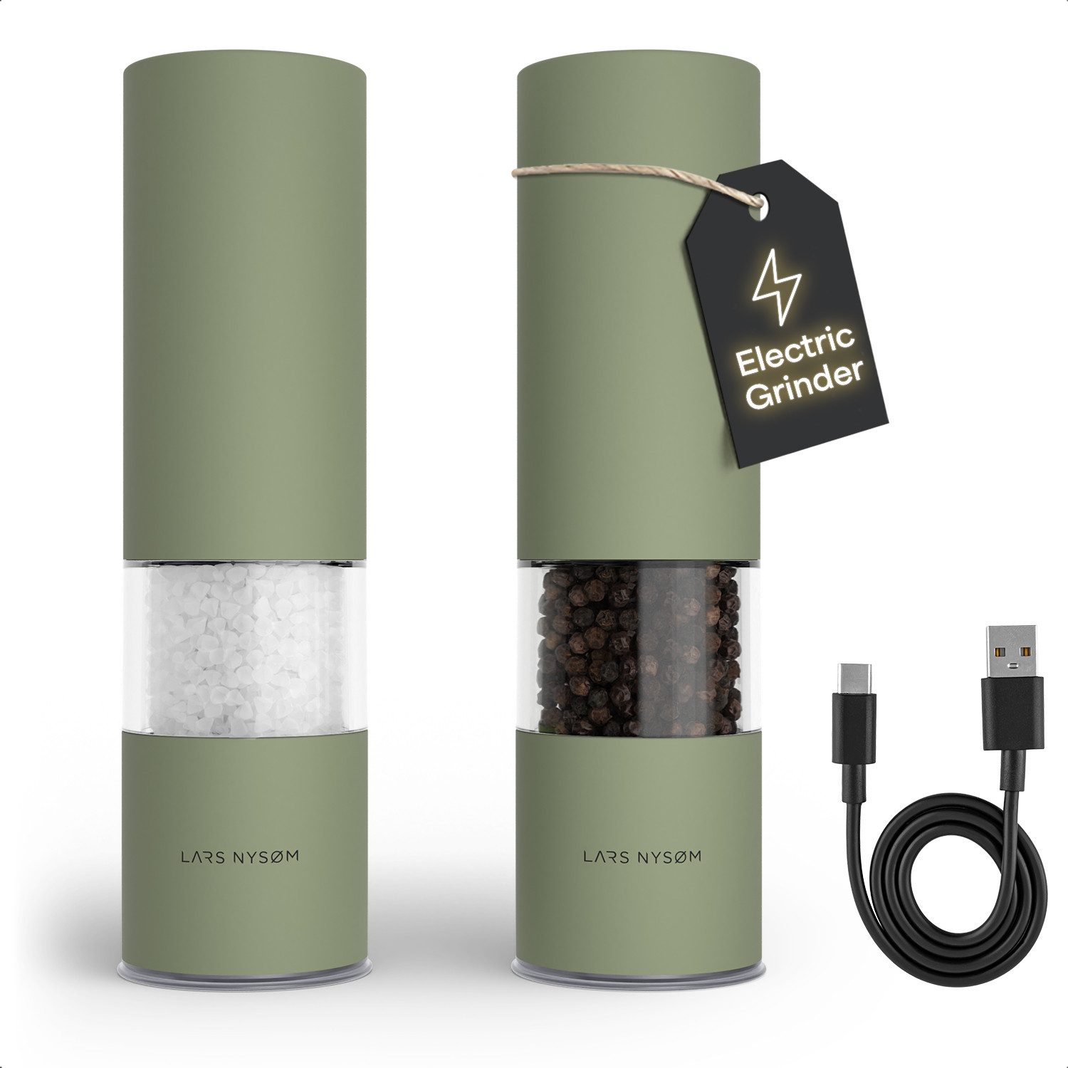 LARS NYSØM Gewürzmühle Stød praktische Einhandbedienung per Drucktaste, (2 Stück), elektrische Salz- & Pfeffermühle mit eingebautem LED-Licht