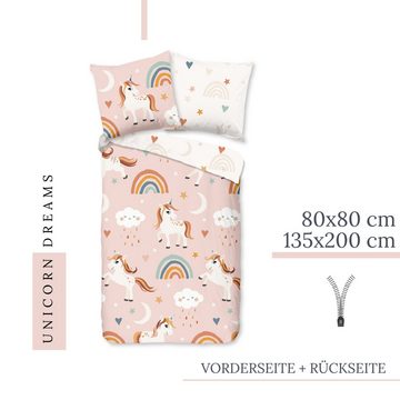 Kinderbettwäsche Einhorn Regenbogen 135x200+80x80 cm, MTOnlinehandel, Microfaser, 2 teilig, weich & angenehm, Mädchenbettwäsche in rosa