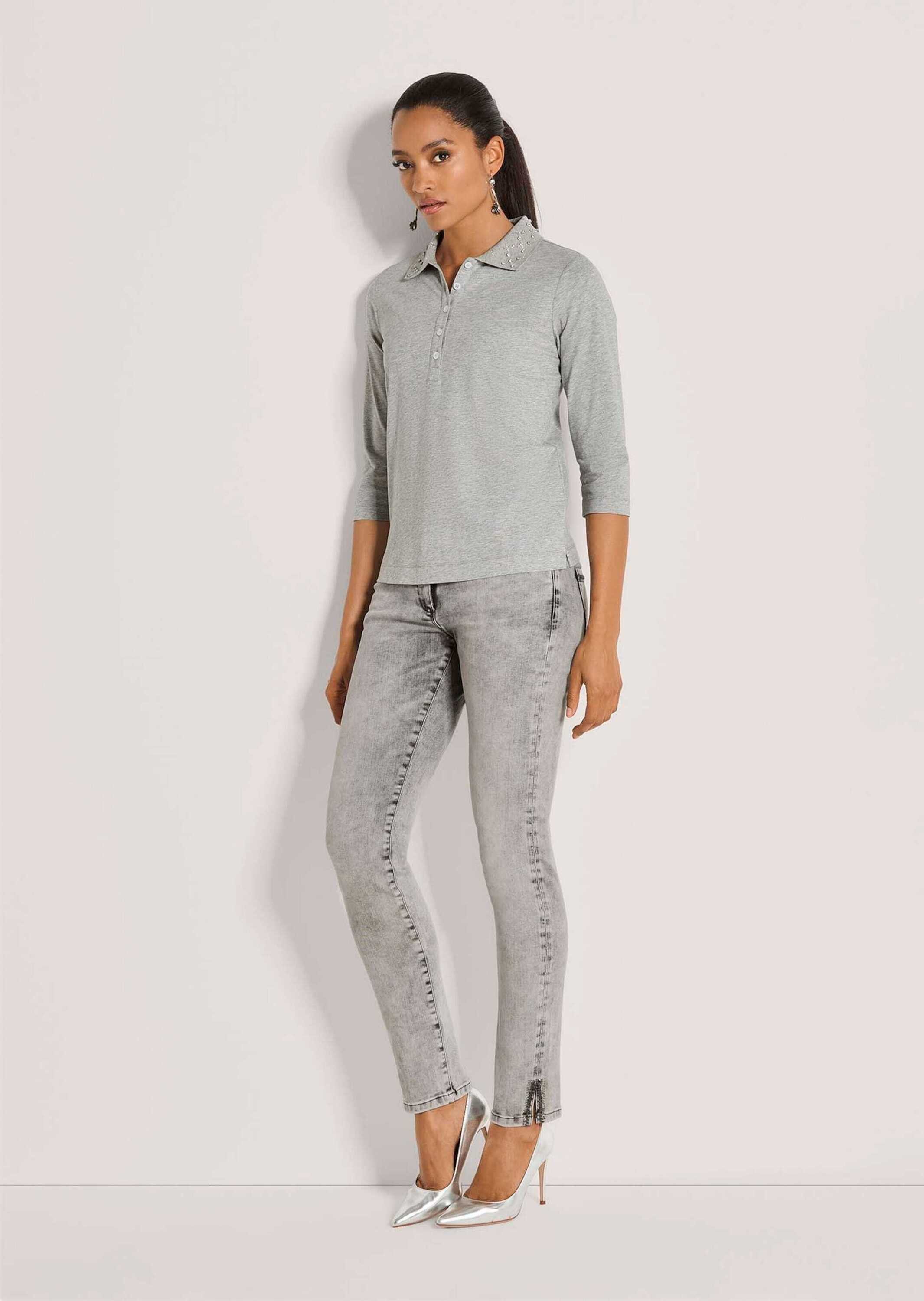 MADELEINE 3/4-Arm-Shirt Poloshirt mit Zierstein-Kragen Strass-Applikation, Knopfleiste & 3/4-Arm