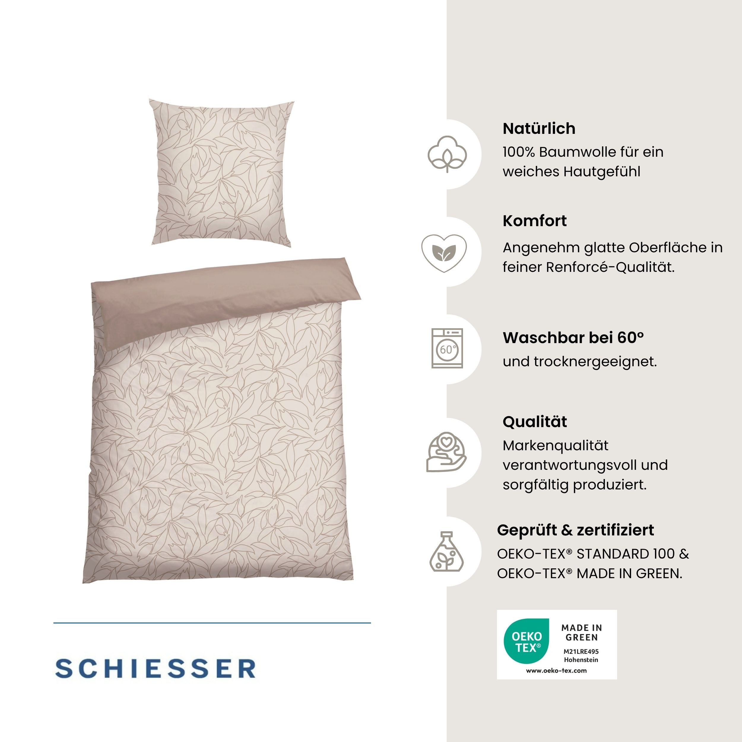 Schiesser Wendebettwäsche Leaves aus weicher Baumwolle mit schlichtem Botanikprint, Renforcé, 2 teilig, OEKO-TEX® MADE IN GREEN – Bild 2 von 5