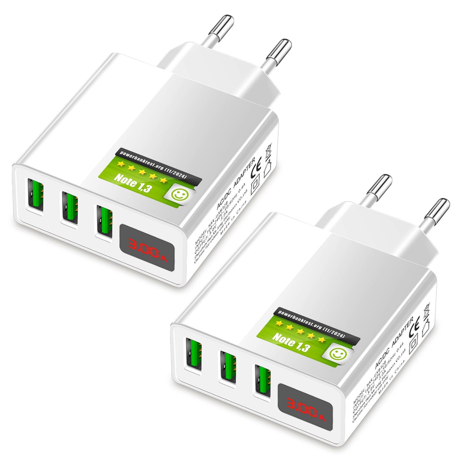 EAXUS 3A USB Netzteil mit Schnellladefunktion und Display USB-Ladegerät (3000,00 mA, 2-tlg., Zeigt Ladegeschwindigkeit an, 3 USB Ports für gleichzeitiges Laden)