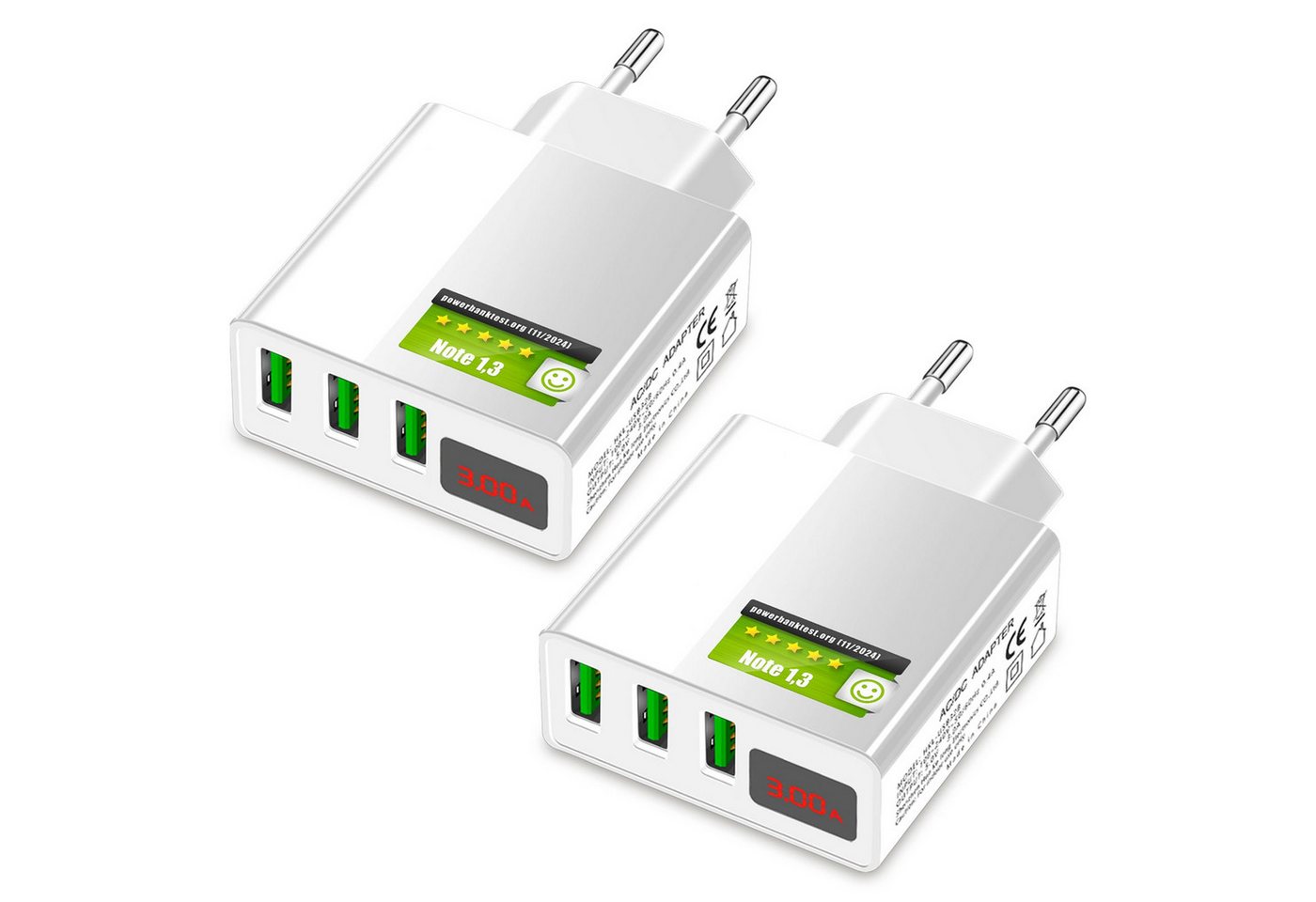 EAXUS 3A USB Netzteil mit Schnellladefunktion und Display USB-Ladegerät (3000,00 mA, 2-tlg., Zeigt Ladegeschwindigkeit an, 3 USB Ports für gleichzeitiges Laden)