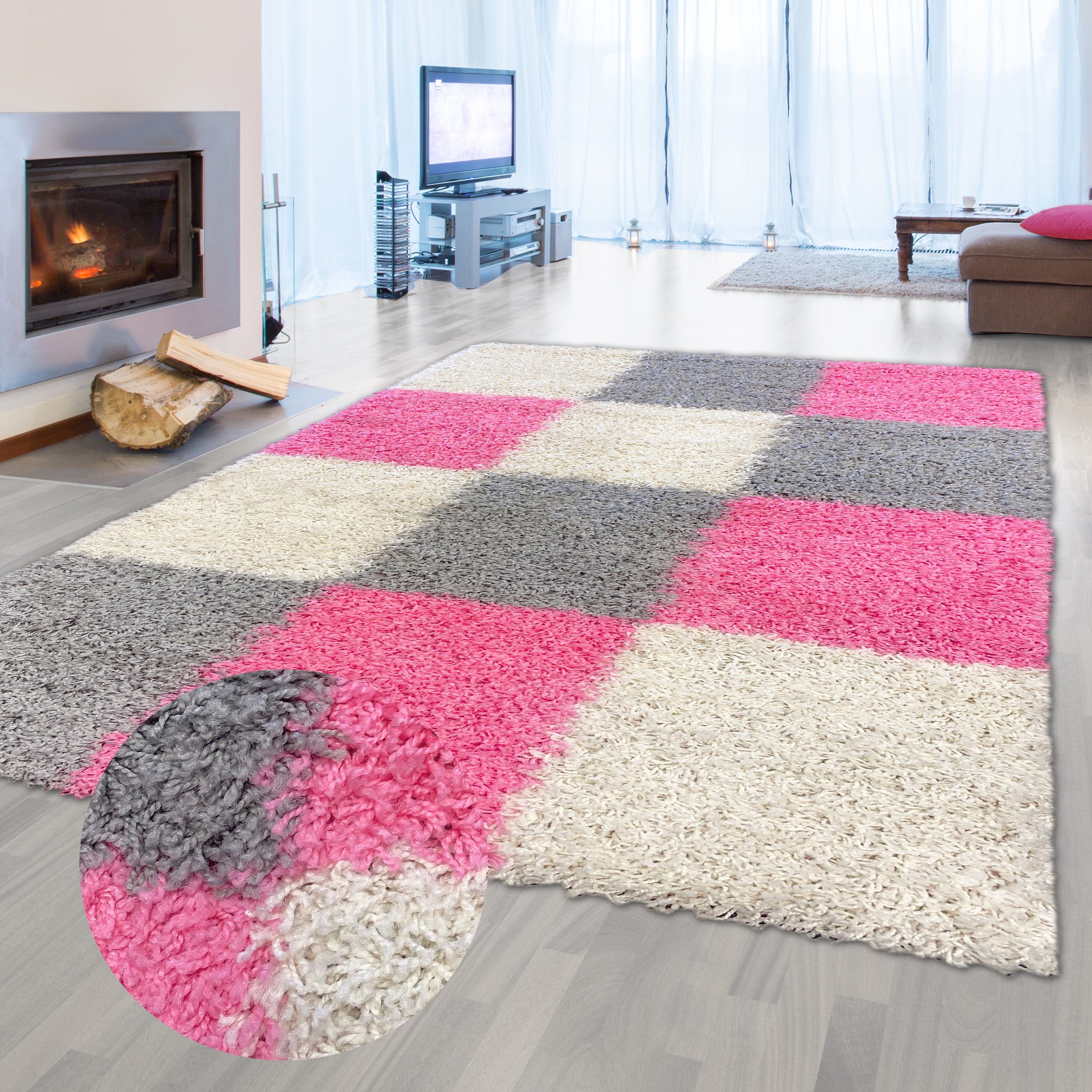 Teppich Shaggy Teppich Hochflor Wohnzimmer Karomuster rosa grau creme, Teppich-Traum, rechteckig, Höhe: 30 mm