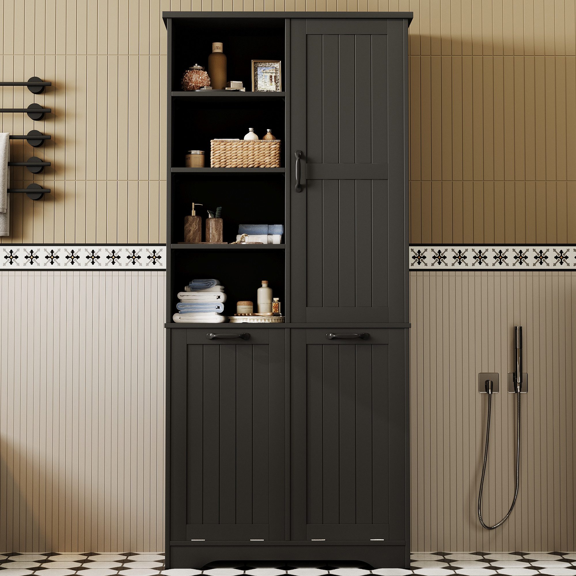 Flieks Badkommode Hochschrank mit doppelter Wäschekorb, 7 Fächern (B78/T35/H172,7 cm, 1 St., mit verstellbaren Einlegeböden und 2 Klappen), Badezimmerschrank feuchtigkeitsbeständiger Holzschrank aus MDF Schwarz