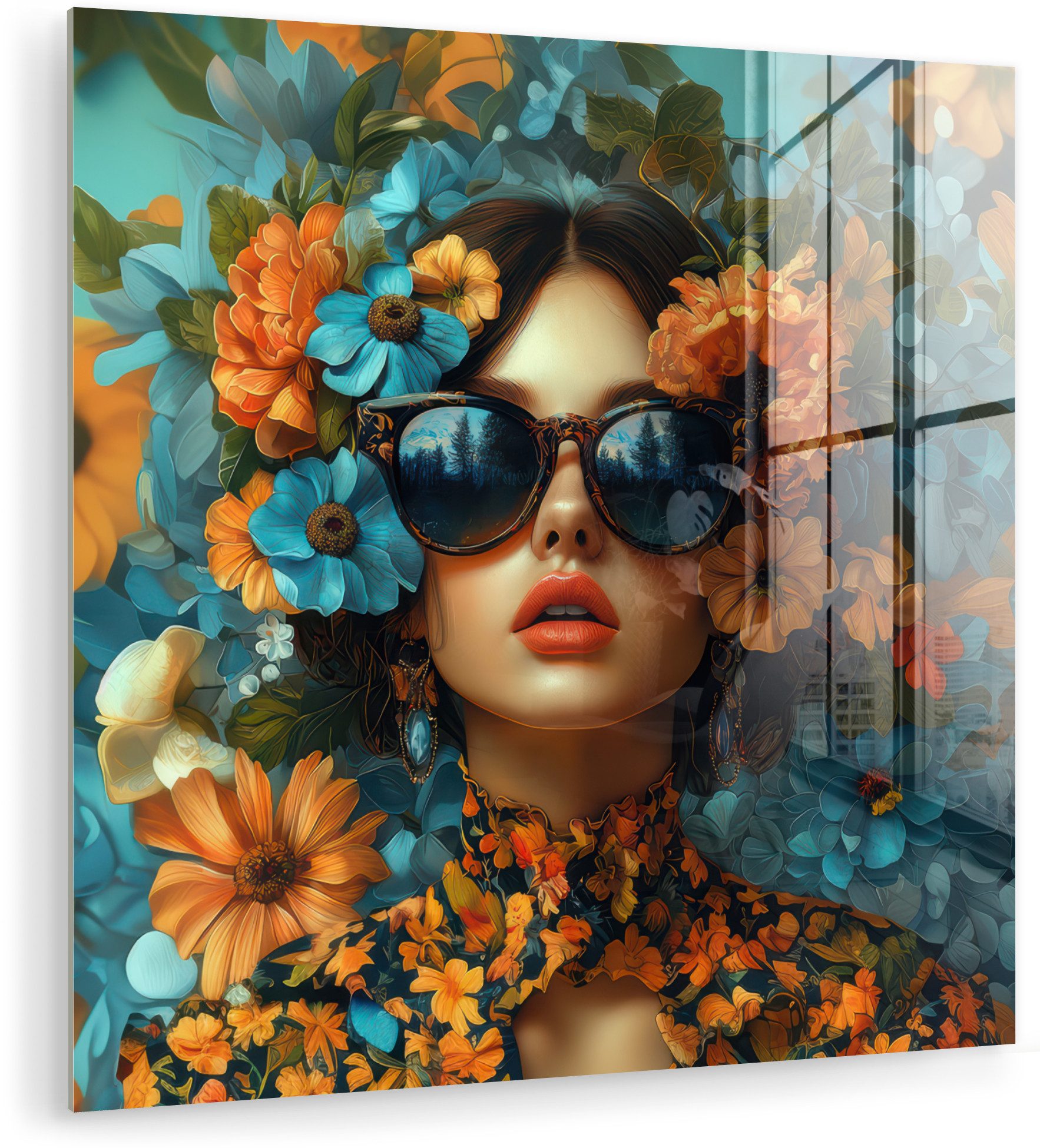 MuchoWow Acrylglasbild Frau - Blumen - Orange - Blau - Modern, Inkl. Aufhängung, Bilder auf Glas Wandbild, Wanddeko Wohnzimmer Badezimmer, 20x20 cm