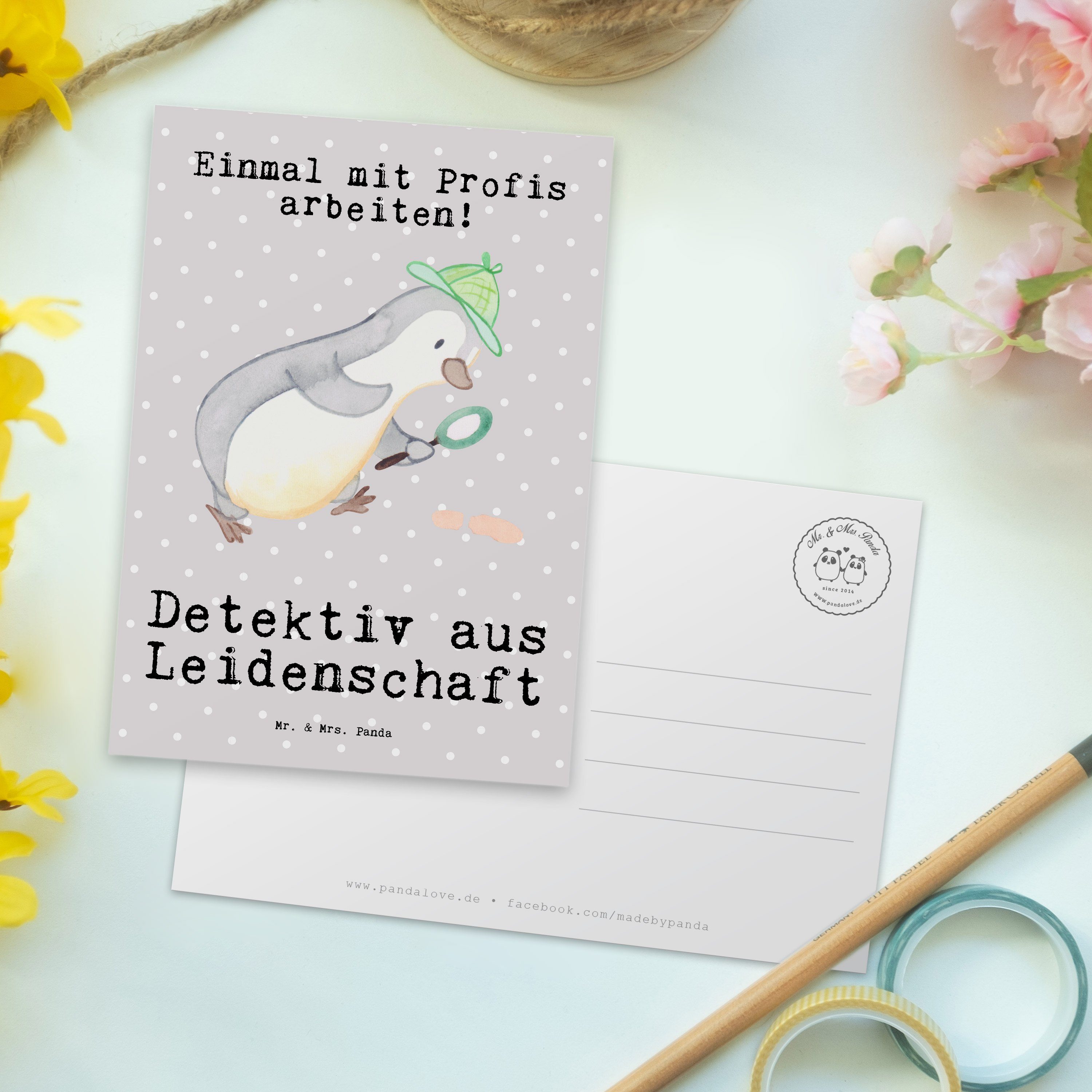 Pastell - Geschenk, Panda & Einladungskarte aus Leidenschaft - Mrs. Postkarte Mr. Detektiv Grau