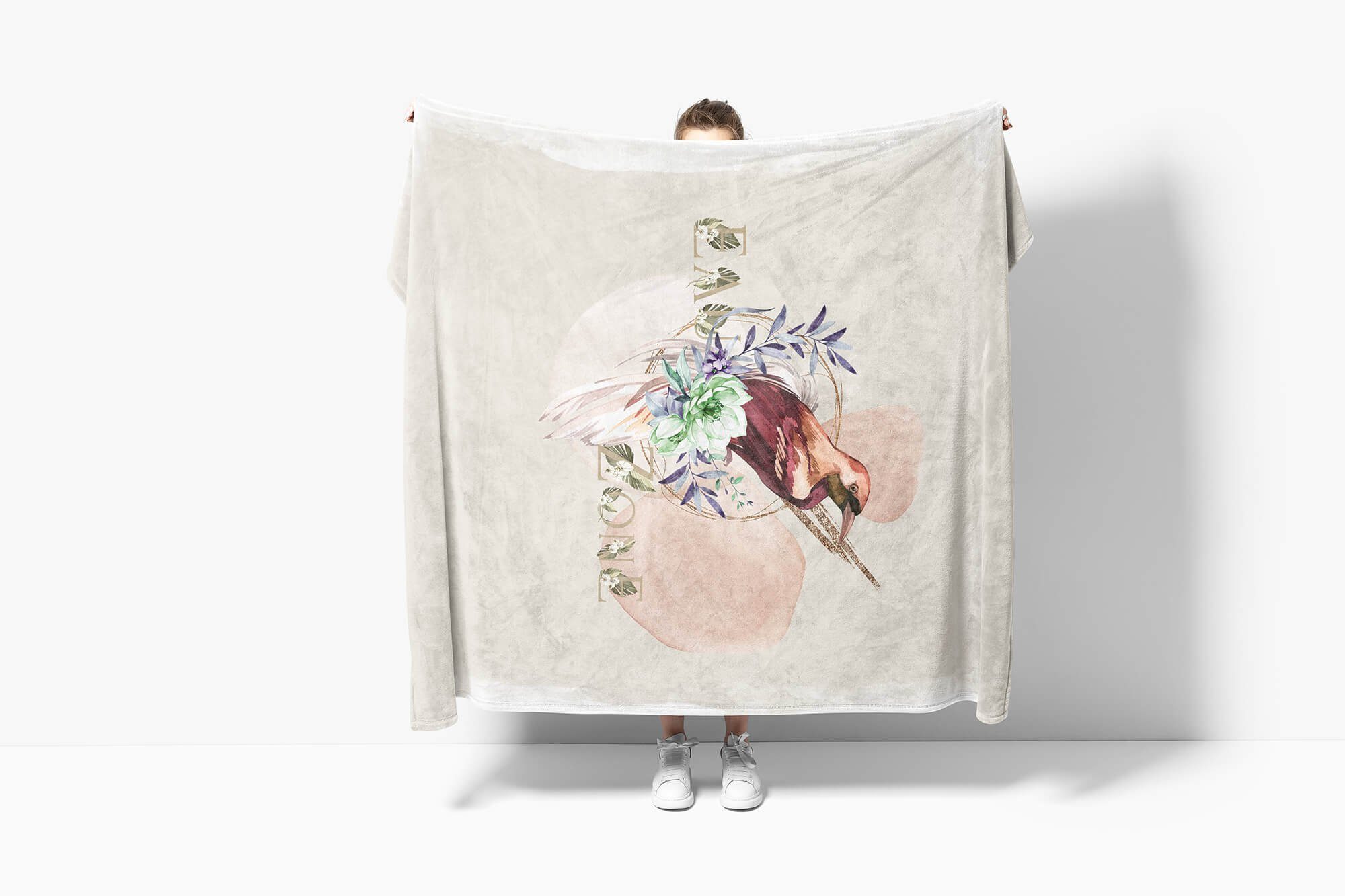 Sinus Art Handtücher Motiv Kuscheldecke Handtuch Baumwolle-Polyester-Mix Saunatuch schönes Duschhandtu, Strandhandtuch Kunstvoll Handtuch (1-St), Blumen Vogel