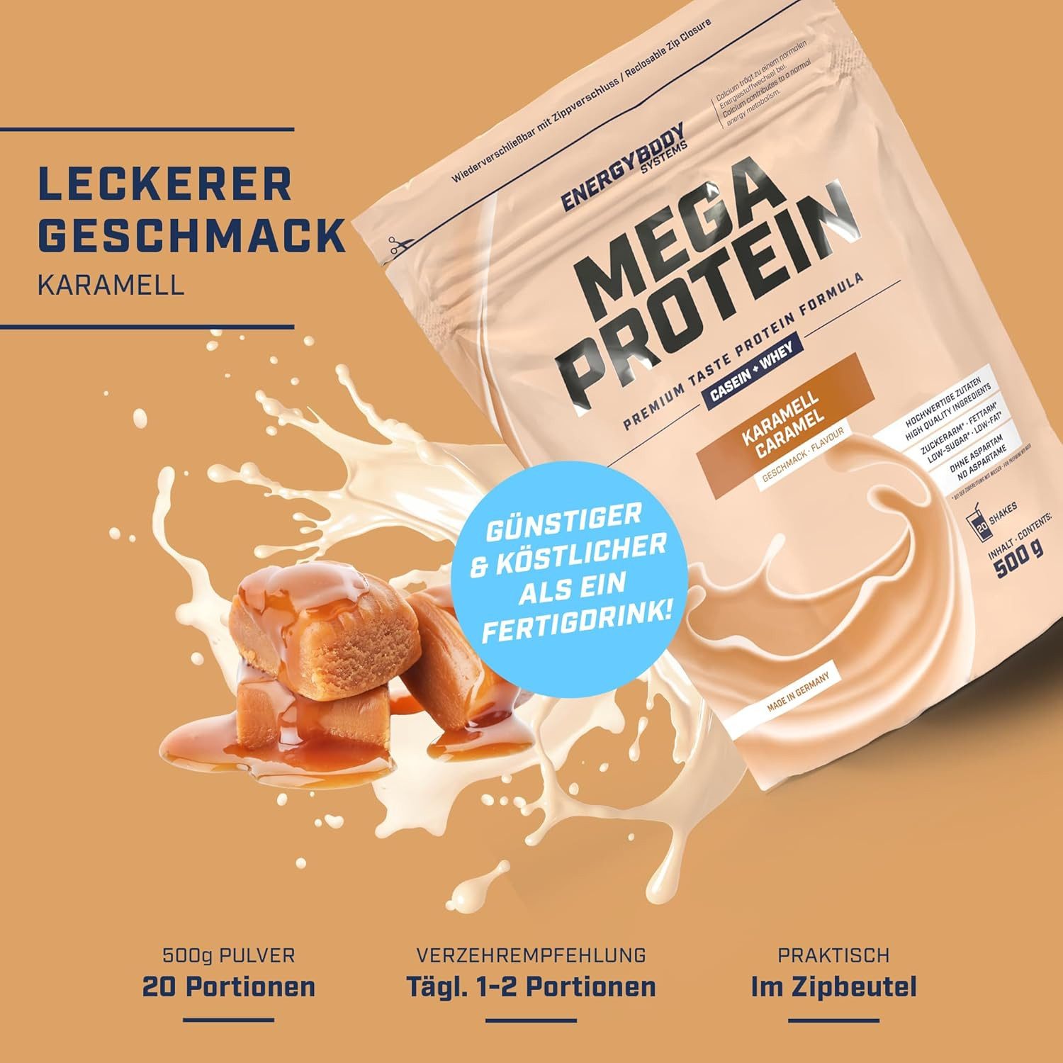 Energybody Systems Mega Protein Pulver, Whey und Casein Eiweißpulver, super cremig lecker, aspartamfrei