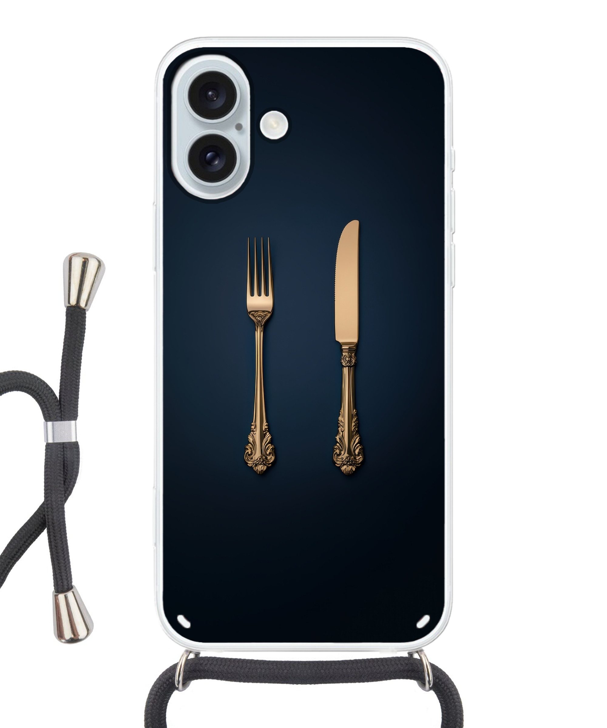 MuchoWow Handyhülle für Apple iPhone 16 Plus Besteck - Dunkelblau - Gold, Tragbare Handyhüllen mit Kette zum umhängen, Handykette Handyband