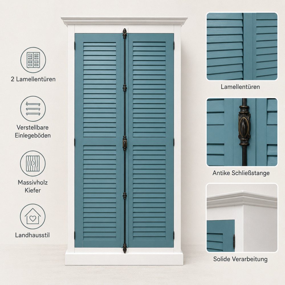 Wohnpalast Wäscheschrank Kleiderschrank 110 cm Weiß-Hellblau – Massivholz Kiefer