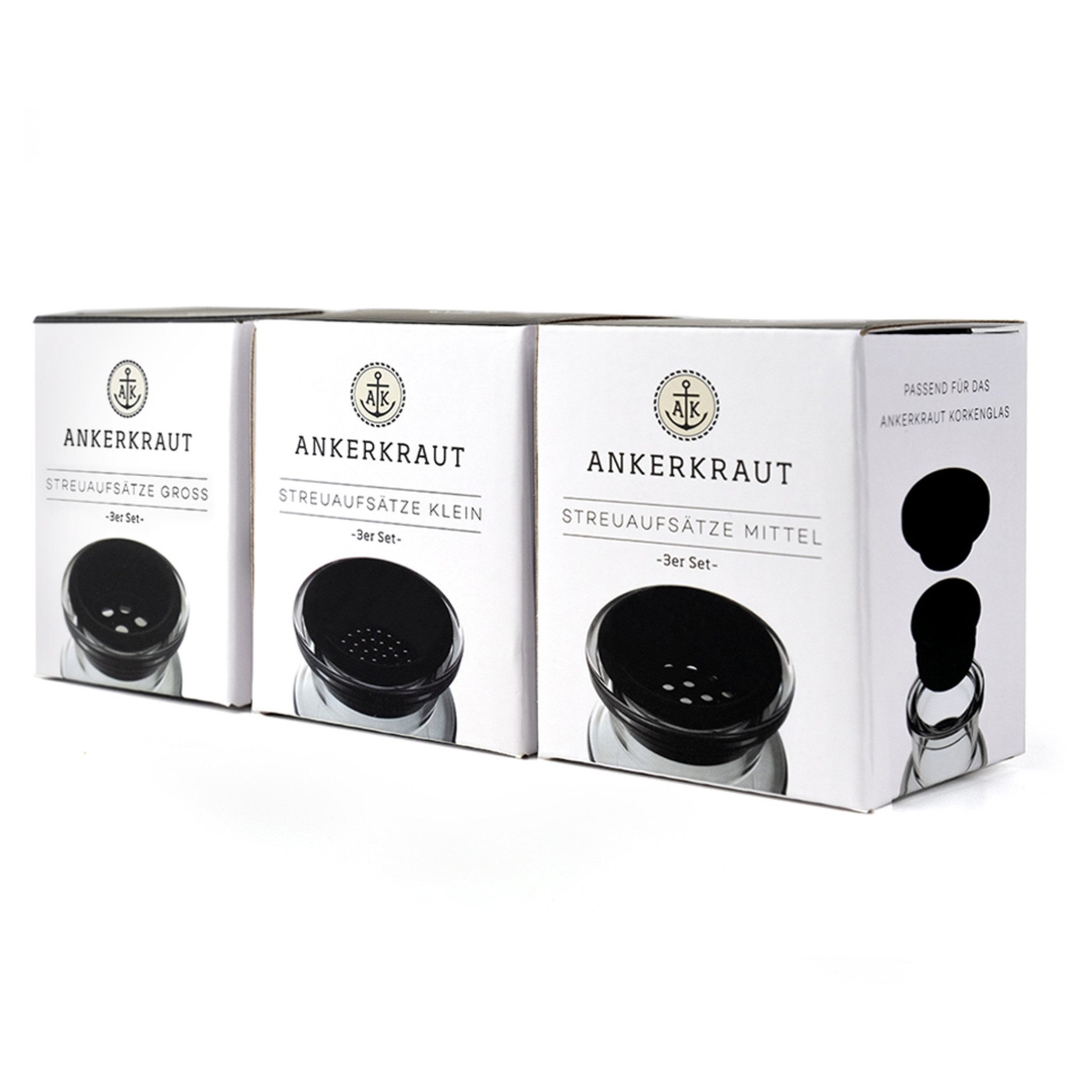 Ankerkraut Gewürzbehälter Korkenglas Streuaufsatz, 3er-Set 3 x 3 Lochgrößen