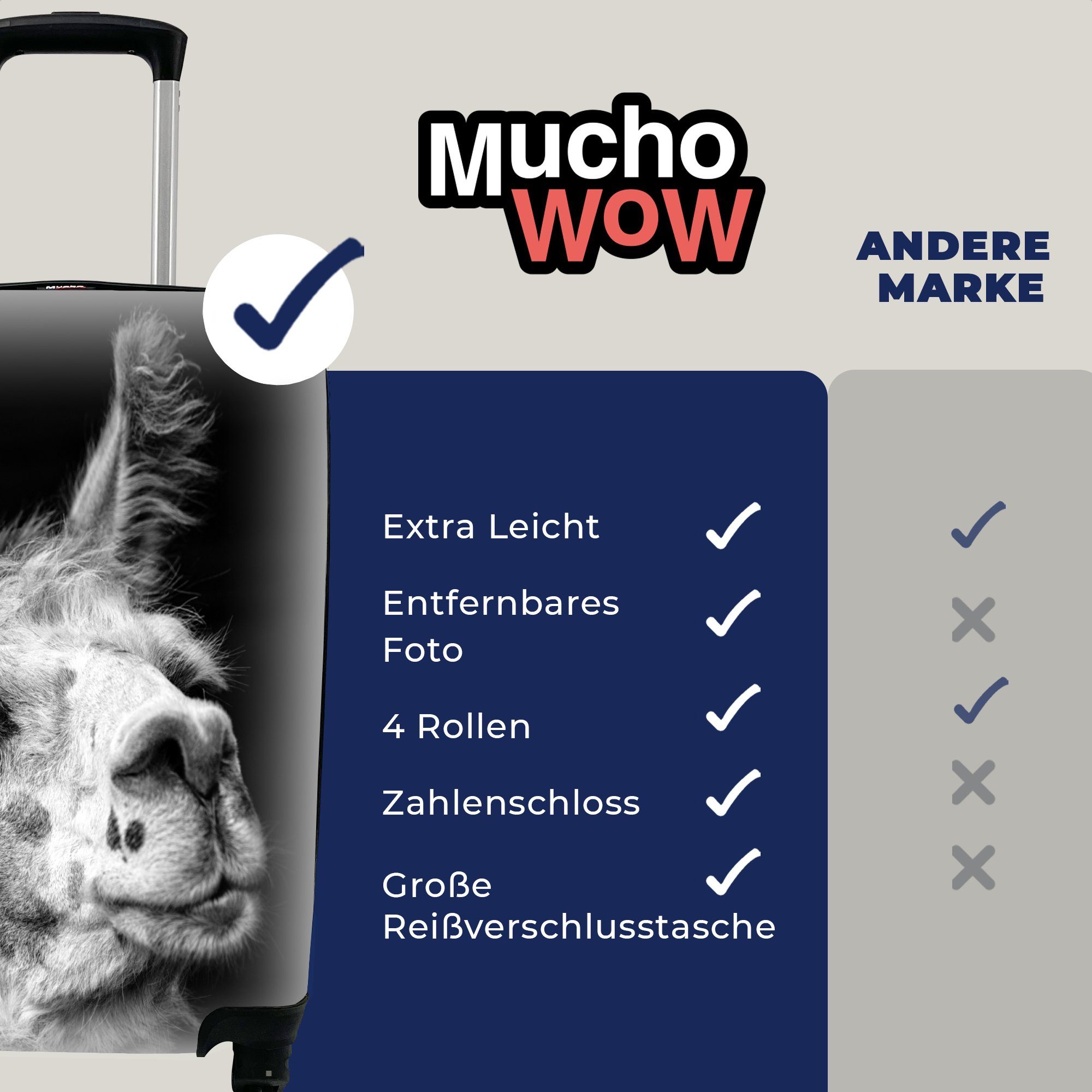 MuchoWow Handgepäckkoffer Alpaka auf schwarzem mit Reisetasche Hintergrund, Reisekoffer rollen, 4 Rollen, Ferien, Handgepäck für Trolley