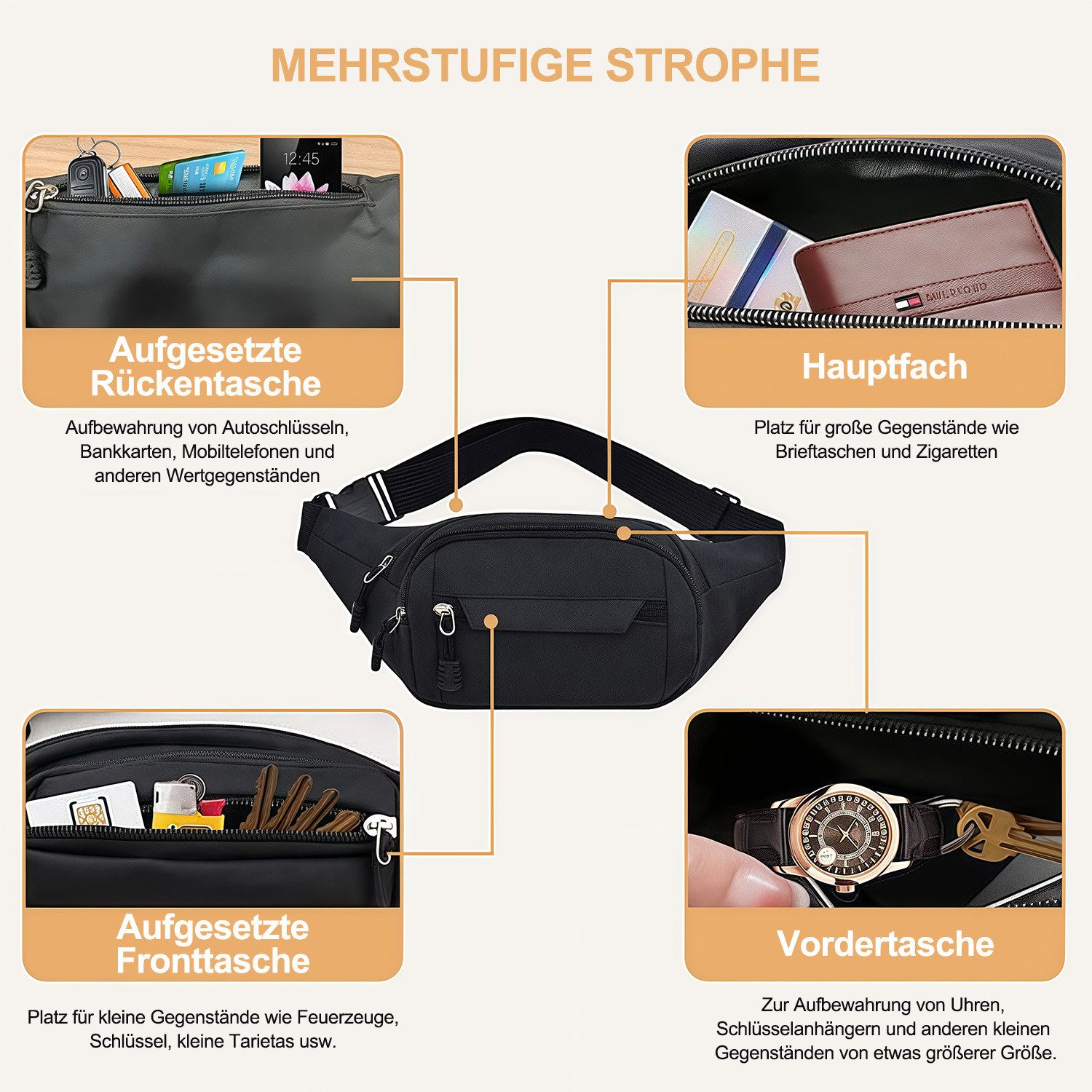 MOPUEA Umhängetasche Damen Taschen, Umhängetasche, Brusttasche, Wasserdicht mit 4 Fach (Vielseitige wasserdichte Bauchtasche für Outdoor und Alltag, 28x14 cm, ideal für Reisen, Sport und täglichen Gebrauch), Wasserdicht, leicht, modisch, ausreichend Stauraum, unisex
