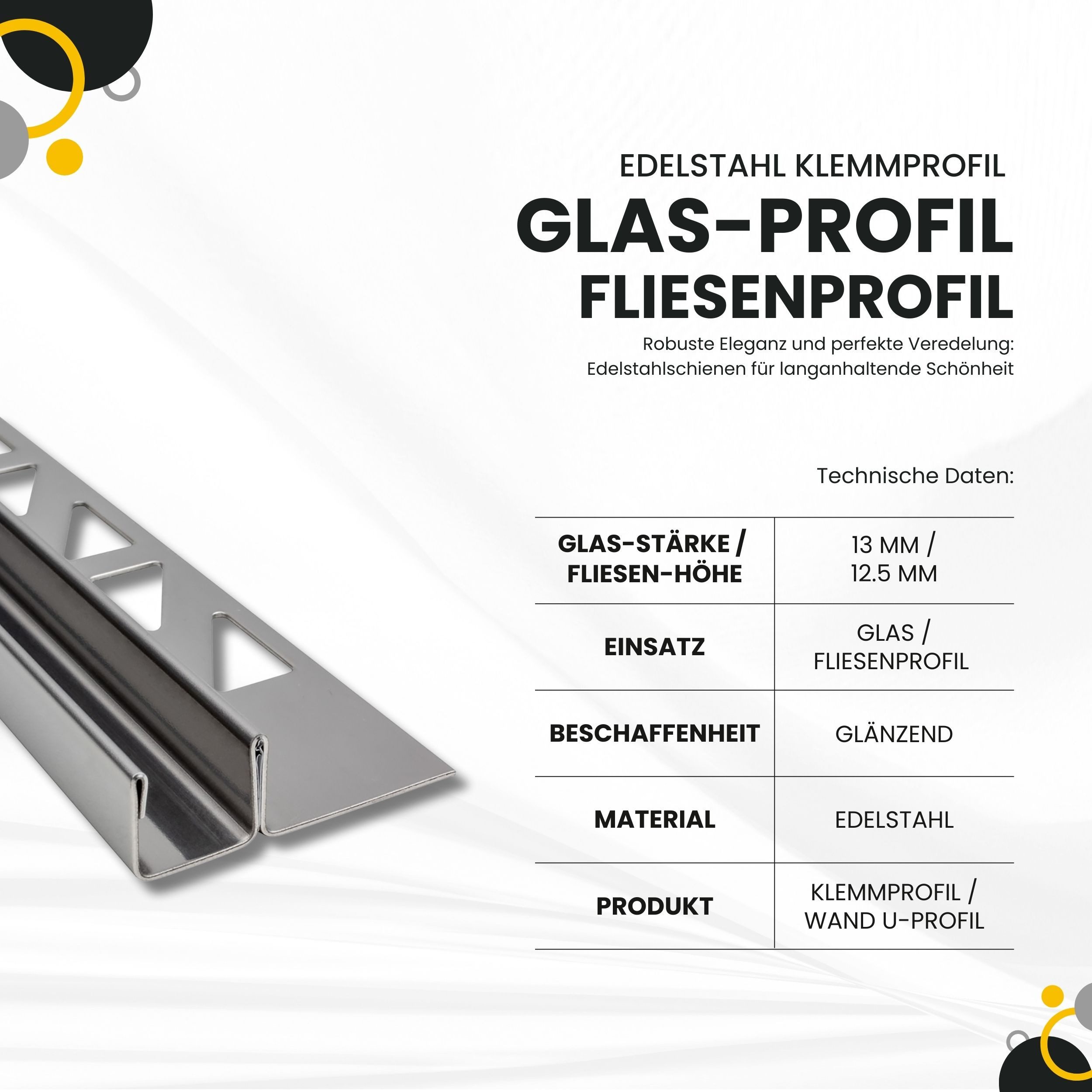 tktrading24 Abschlussprofil Glas-Fliesenprofil Edelstahl Klemmprofil Wandprofil V2A 2 m H12,5 mm – Bild 3 von 5