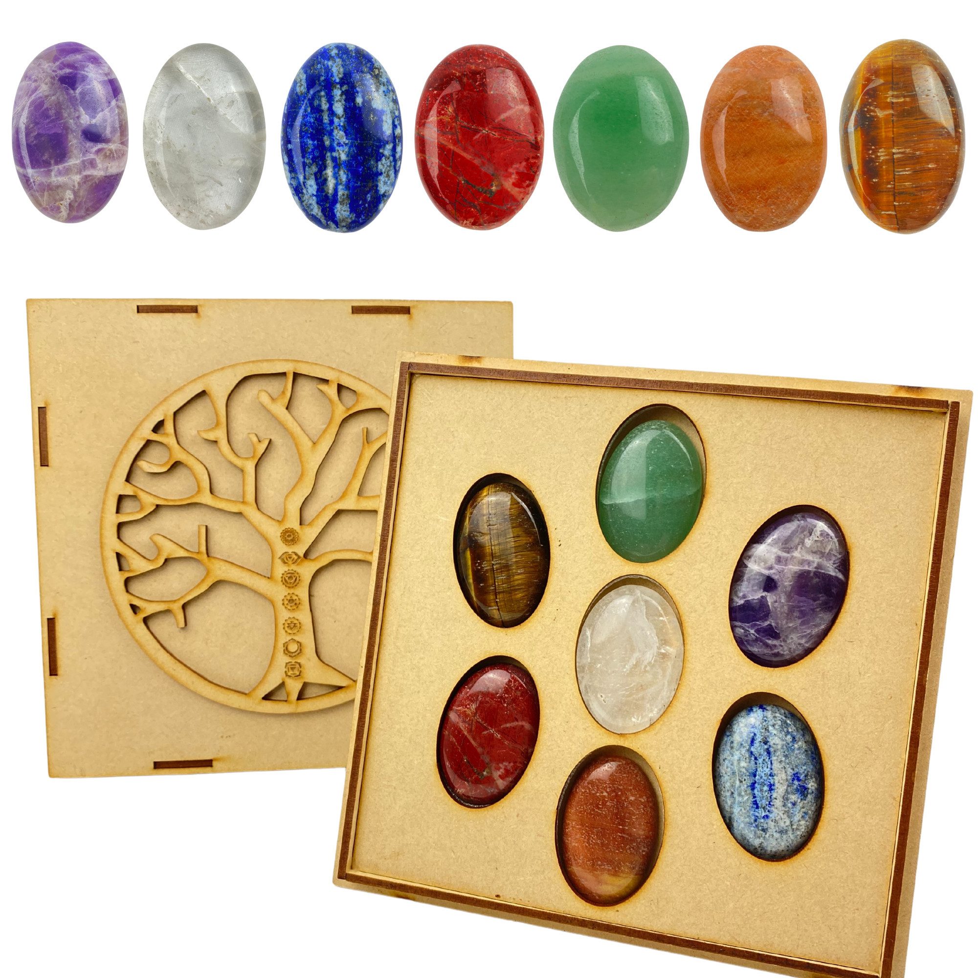 Lasernauten Edelstein Chakra XXL Edelstein-Set mit den 7 wichtigsten Steinen 3x4cm Holzbox, (Set mit 7 XXL Chakra-Steinen in einer Holzbox), Amethyst, Quarz, Lapis Lazuli, Jade, Tiger Eye, Peach Stone,Red Jasper