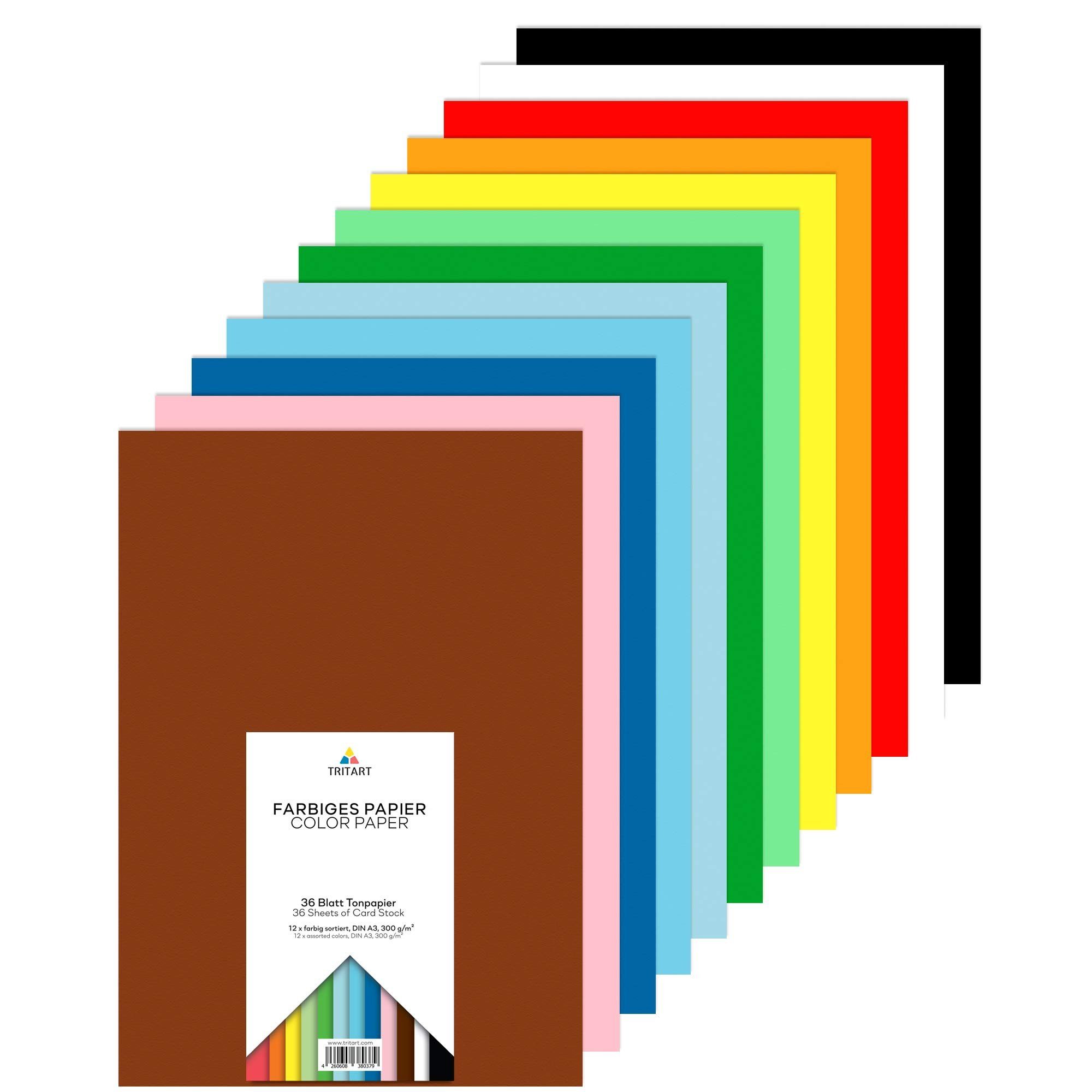 Tritart Aquarellpapier Buntpapier A3 300g, 36 Blatt, stabiler Bastelkarton, 12 Farben