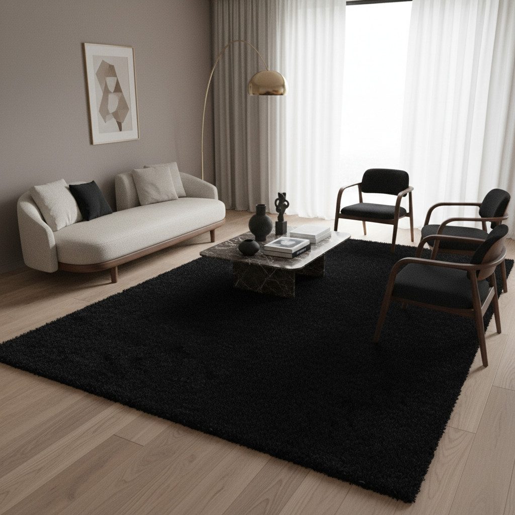 KADIMA DESIGN Teppich SPREE Shaggy Langflor Wohnzimmer Schlafzimmer Waschbar Einfarbig, Rund, Höhe: 32 mm, Schwarz, 80x80 cm, Wohnzimmerteppich Strapazierfähig  – Bild 3 von 5