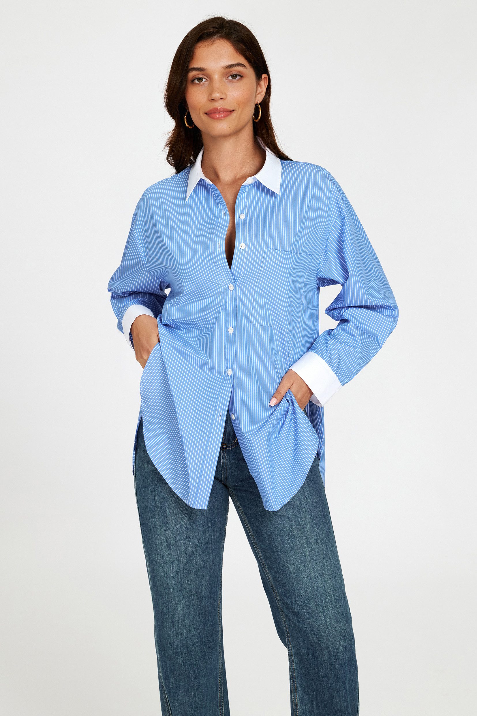 FS Collection Hemdbluse Damen Hemdbluse Damenbluse Streifenbluse Oversizebluse Blau (XS (EU:36 / UK:8) · S (EU:38 / UK:10) · M (EU:40 / UK:12) · L (EU:42 / UK:14) · XL (EU:44 / UK:16) 100 % Baumwolle, Oversize-Schnitt, Streifenmuster, Kontrastdetails