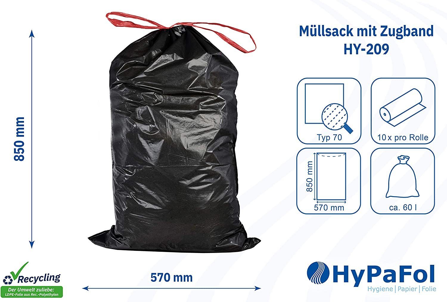Hypafol Müllbeutel Typ 60 mit Zugband, 35-60 Liter I stabil & gute Reißfestigkeit 5 Stück