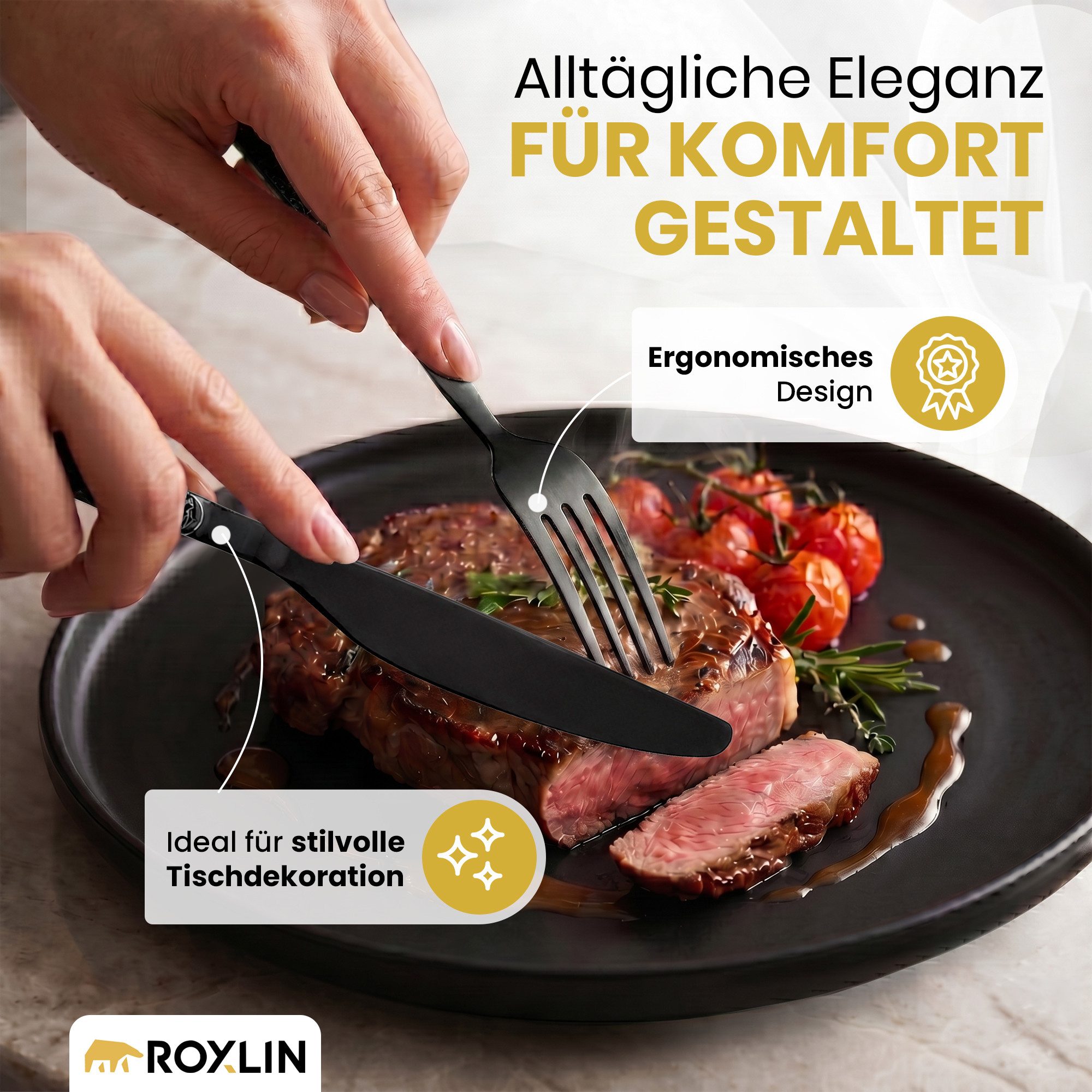 Roxlin Besteck-Set Roxlin Besteckset 30-tlg Stein Design Edelstahl, Gold/Schwarz/Silber, 6 Personen, Edelstahl – Bild 5 von 5