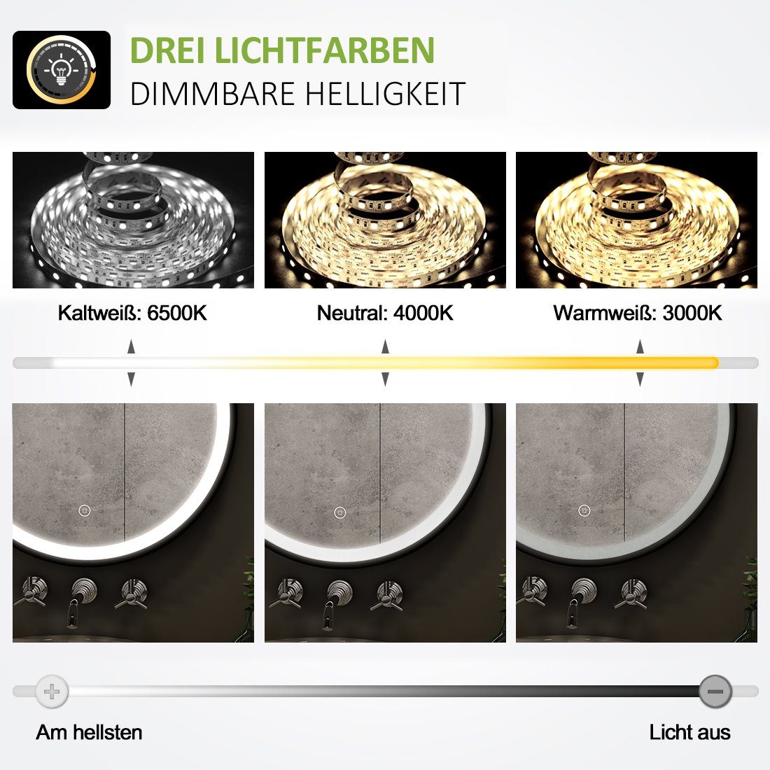 Touch-Schalter,3000/4000/6500K Badezimmerspiegel Helligkeit,IP44 mit Runder Badspiegel Lichtfarbe, LED Lichtfarbe,Einstellbare +3 Berührungsschalter S'AFIELINA