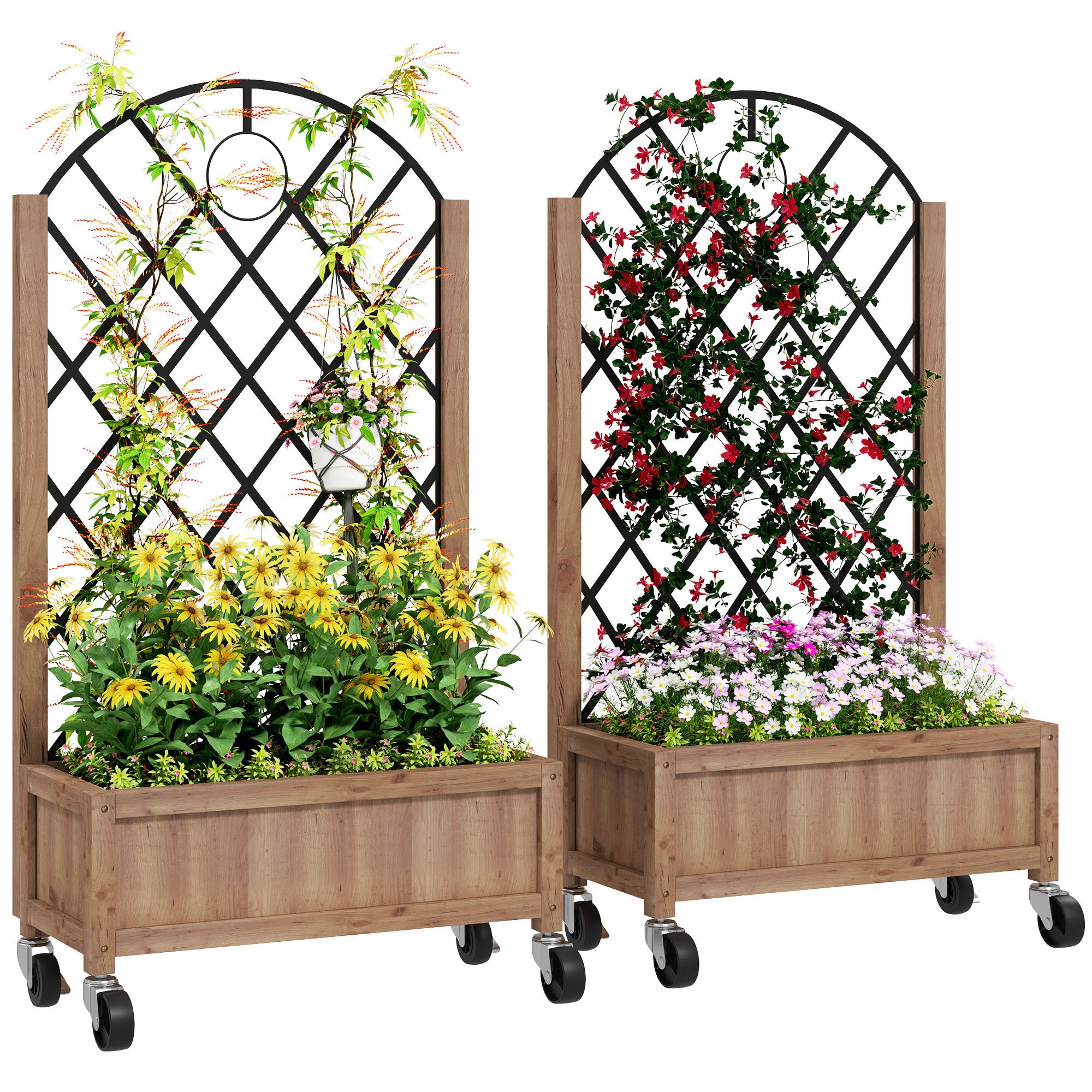 Outsunny Hochbeet 2er Set, mit Rolle, Rankgitter, aus Holz (Pflanzkasten, 2 St., Spalier Pflanzkübel), 52x25x97cm, für Garten, Balkon, für Kletterpflanzen Korbpflanzen