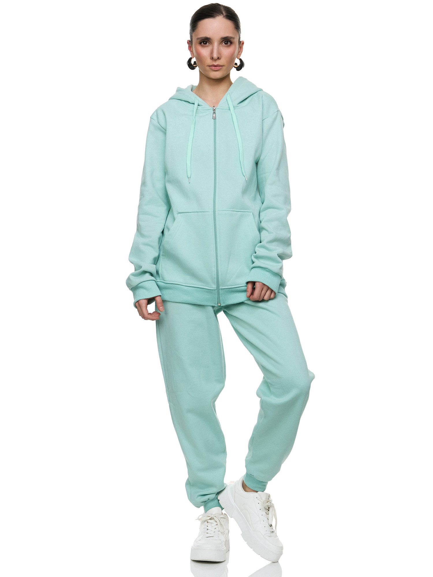 L.gonline Freizeitanzug Damen Jogginganzug einfarbig 100% Baumwolle 586 Mint XXL (Kapuzenjacke mit Reißverschluss, Hose, 2-tlg), Fitness Freizeit Casual