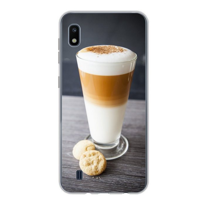 MuchoWow Handyhülle Ein Glas Latte Macchiato und Kekse Handyhülle Samsung Galaxy A10 Smartphone-Bumper Print Handy